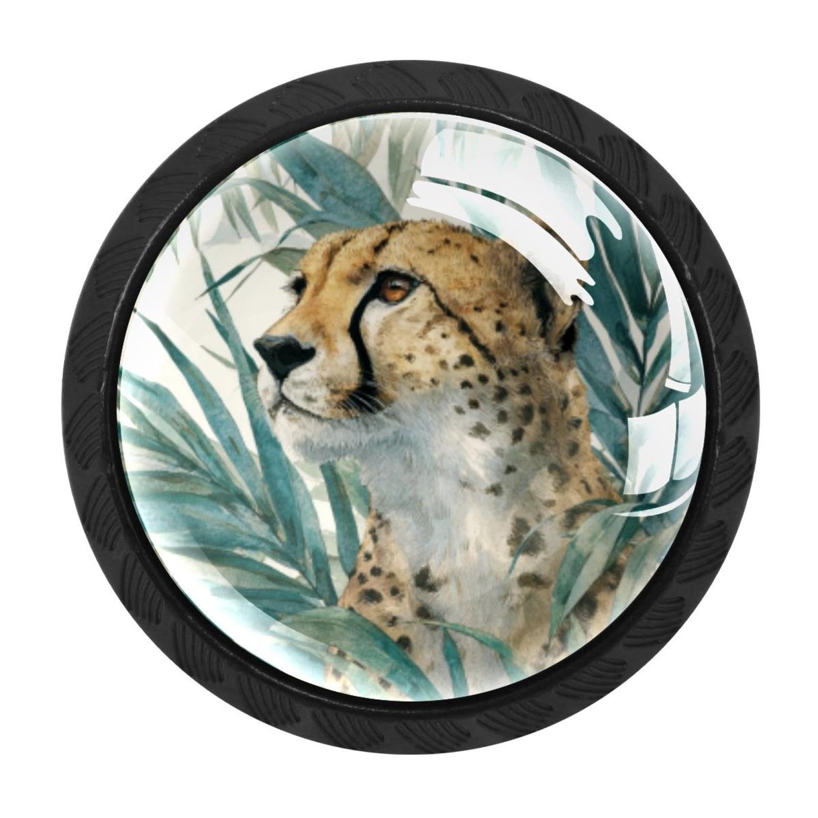CHENZZZZ 4 Pack Round Cabinet Knobs for Kitchen Bathroom Closet Dresser Cabinets, Cheetah and Palm Leaves (17)