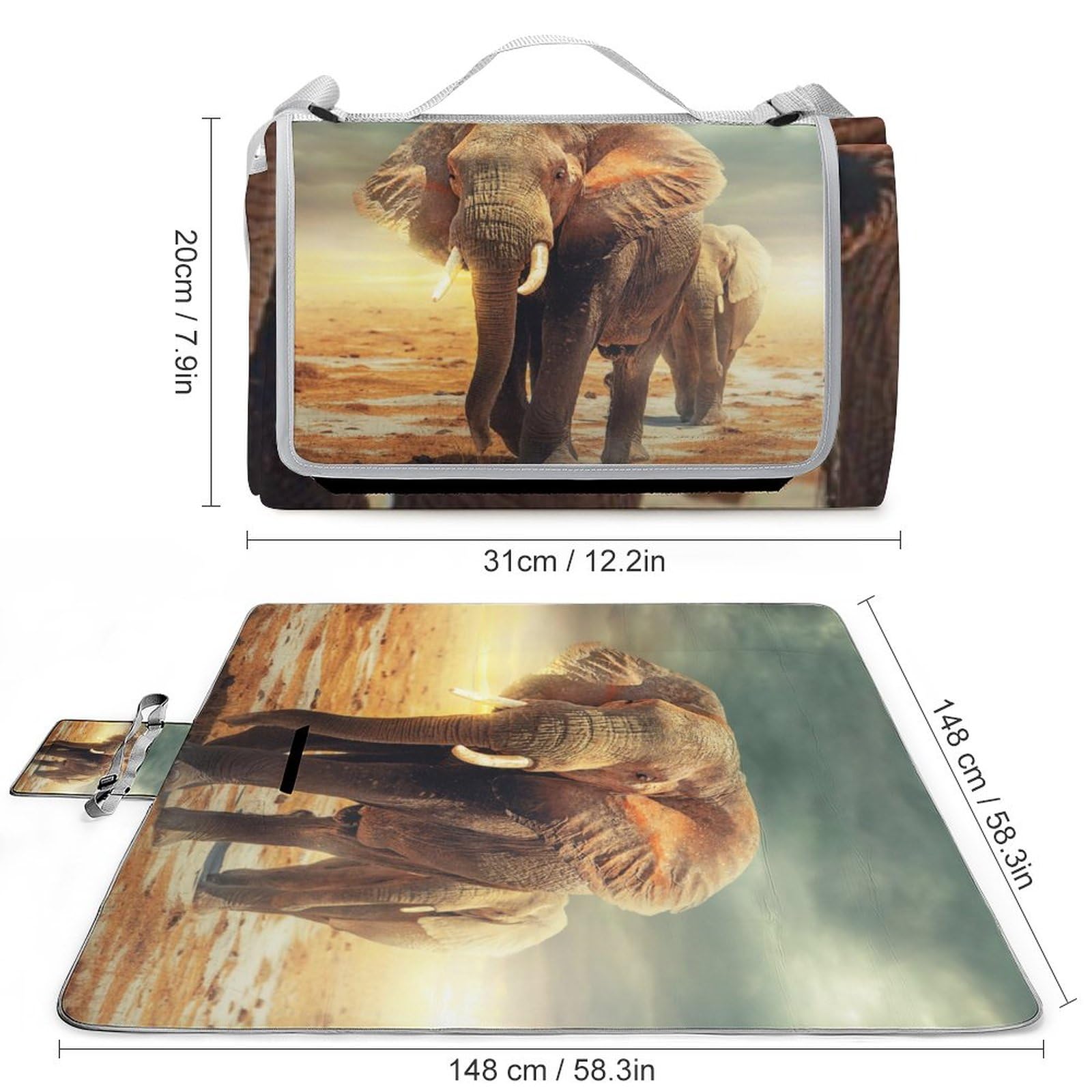 Amboseli-Land-Elephants Picnic Blanket Waterproof Foldable, Large Outdoor Picnic Blanket Beach Blankets Camping Blanket Travel Mat, Shoulder Strap Tote, Rectangle 58x58in