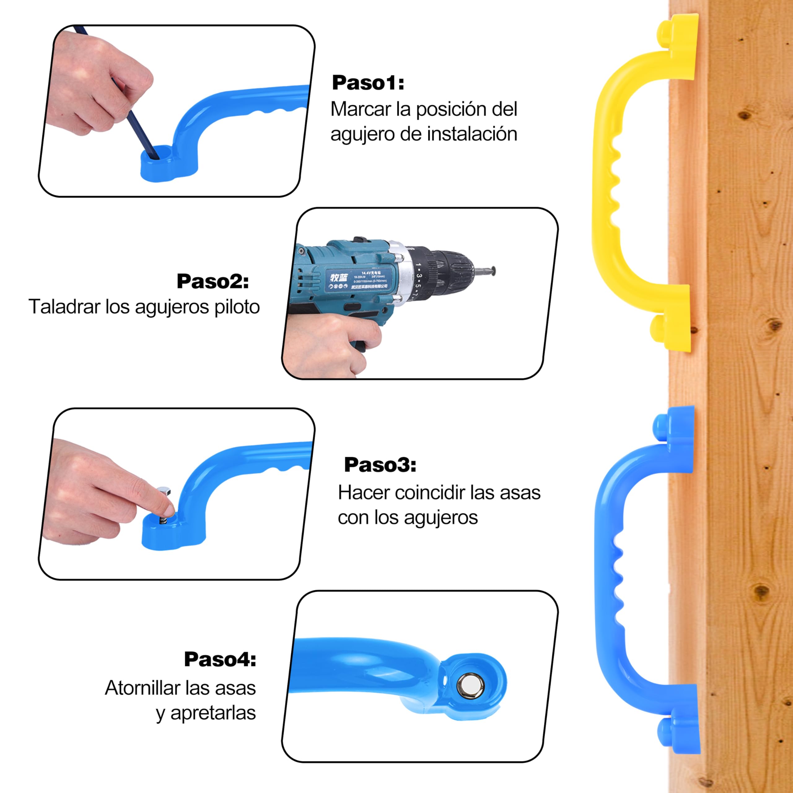 JONRRYIN Asas de Seguridad para Parques Infantiles, Asas de Escalada Antideslizante para Niños, Manijas de Seguridad para Patio de Recreo (4pcs-Amarillo y Azul)