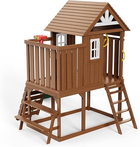 Miniatura 9 de VEVOR Casa de juegos de madera para exteriores, casa de juegos moderna de cedro para niños de 3 a 10 años, casa de campo de cedro de estilo rústico
