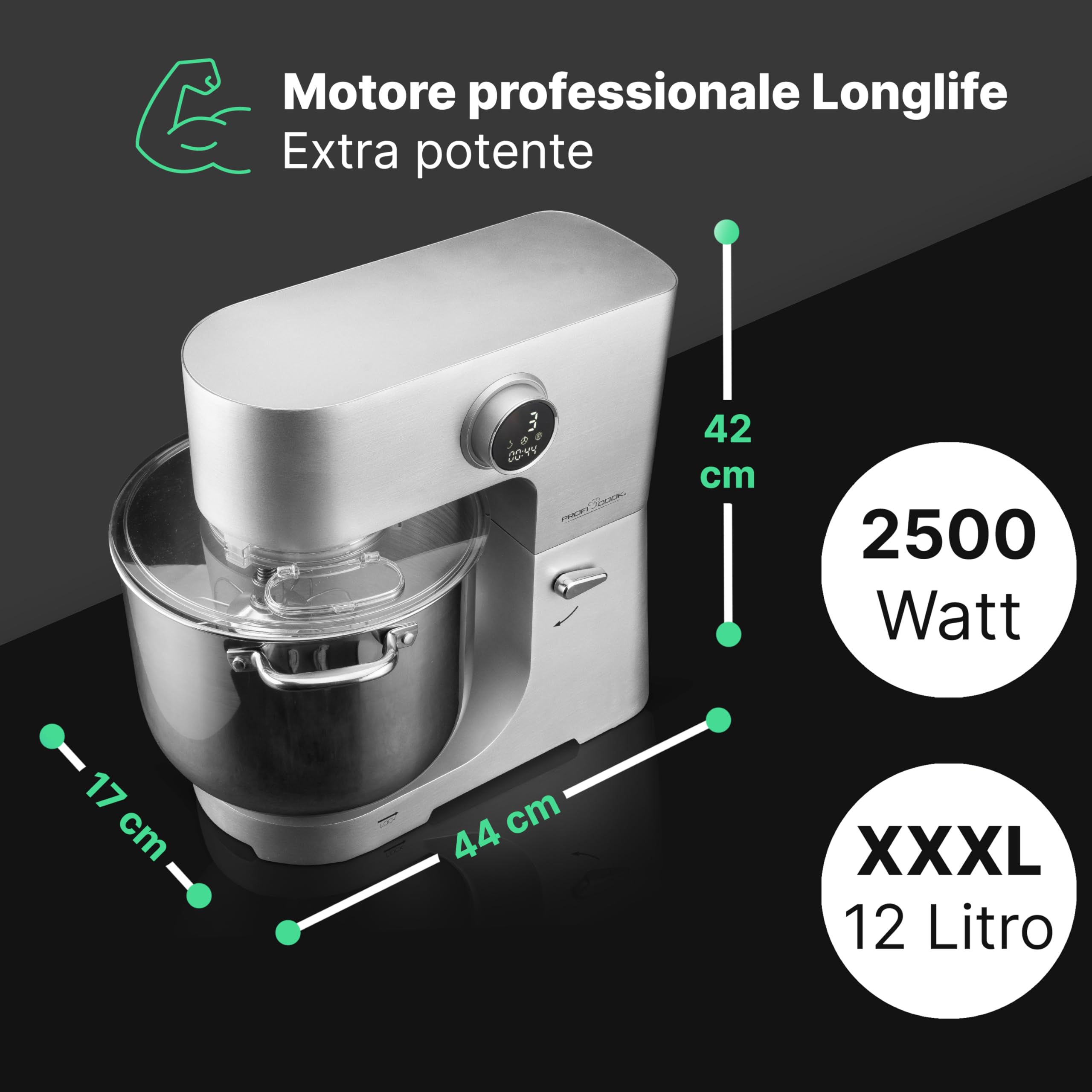 ProfiCook® Robot da cucina con ciotola XXL da 12 litri | Impastatrice con motore Longlife da 2500W | Ingranaggi in metallo e display a LED | Food Processor per impasti fino a 8,5 kg | PC KM 1254