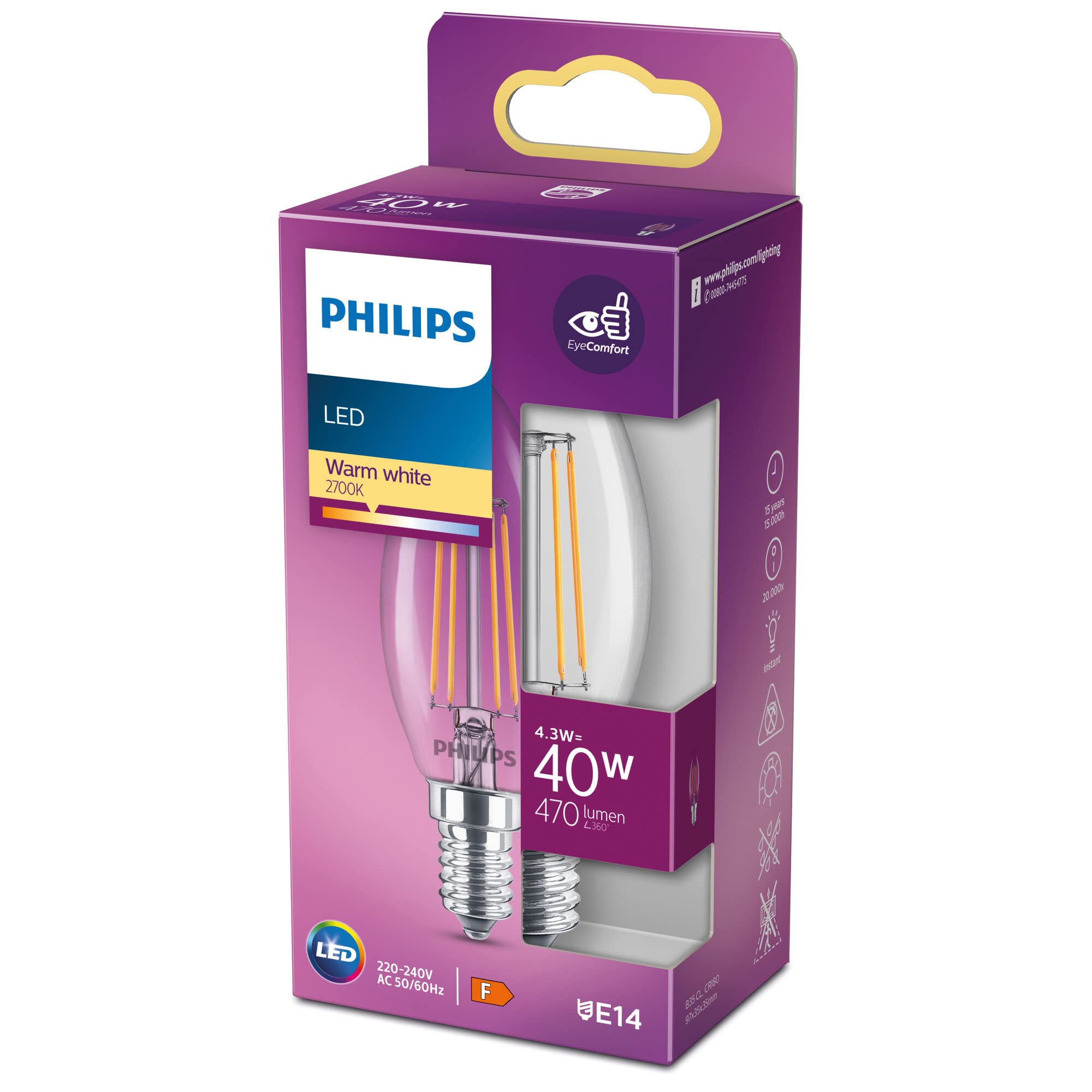 Philips LED Classic 40W B35 Led Mum Filament Ampul, 2700K Sarı Işık, E14 İnce Duy, Dim Edilmez