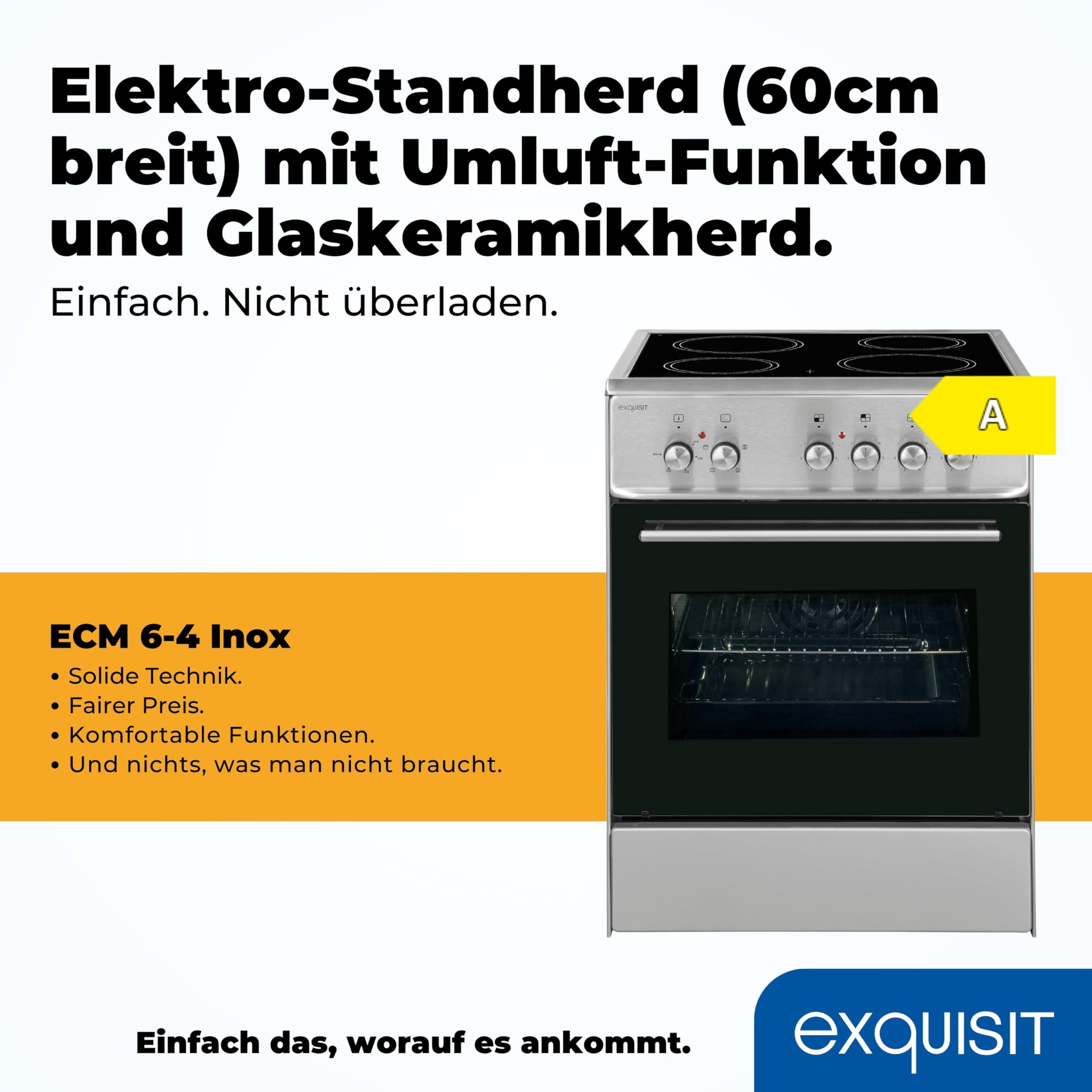 Exquisit Elektro-Standherd ECM 6-4 Inox 60cm Glaskeramik Kochfeld Ober- & Unterhitze Umluft