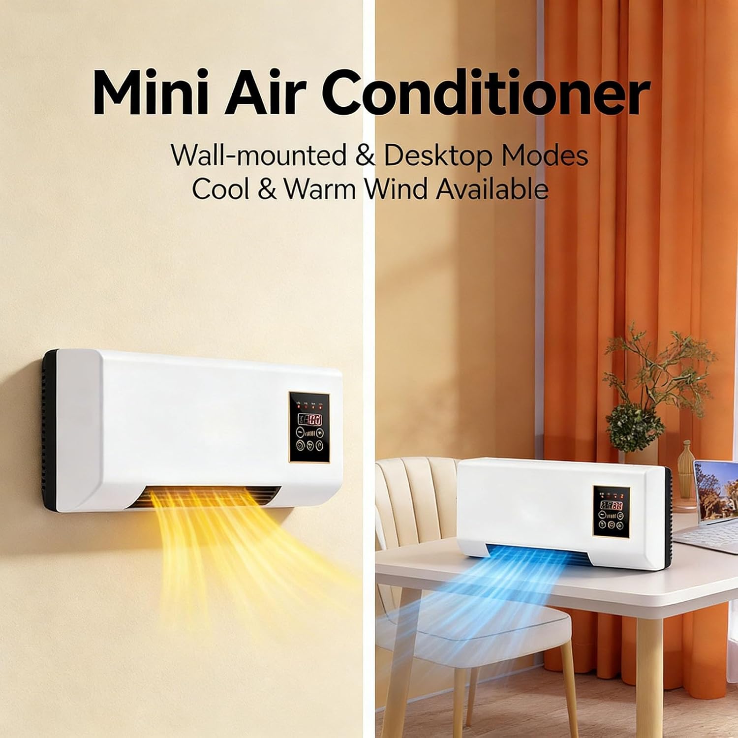 Ductless Air Conditioner Fan Heater, Portable Wall Mounted Mini AC Heater, 2 In 1 Mini Nature Fan And Heating Mini Split Ac/Heating System For Home Kitchen Living Room(White)