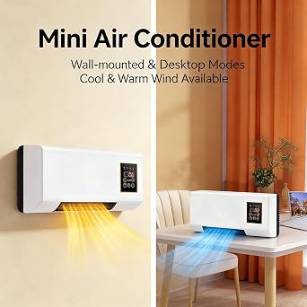 Ductless Air Conditioner Fan Heater, Portable Wall Mounted Mini AC Heater, 2 In 1 Mini Nature Fan And Heating Mini Split Ac/Heating System For Home Kitchen Living Room(Yellow)