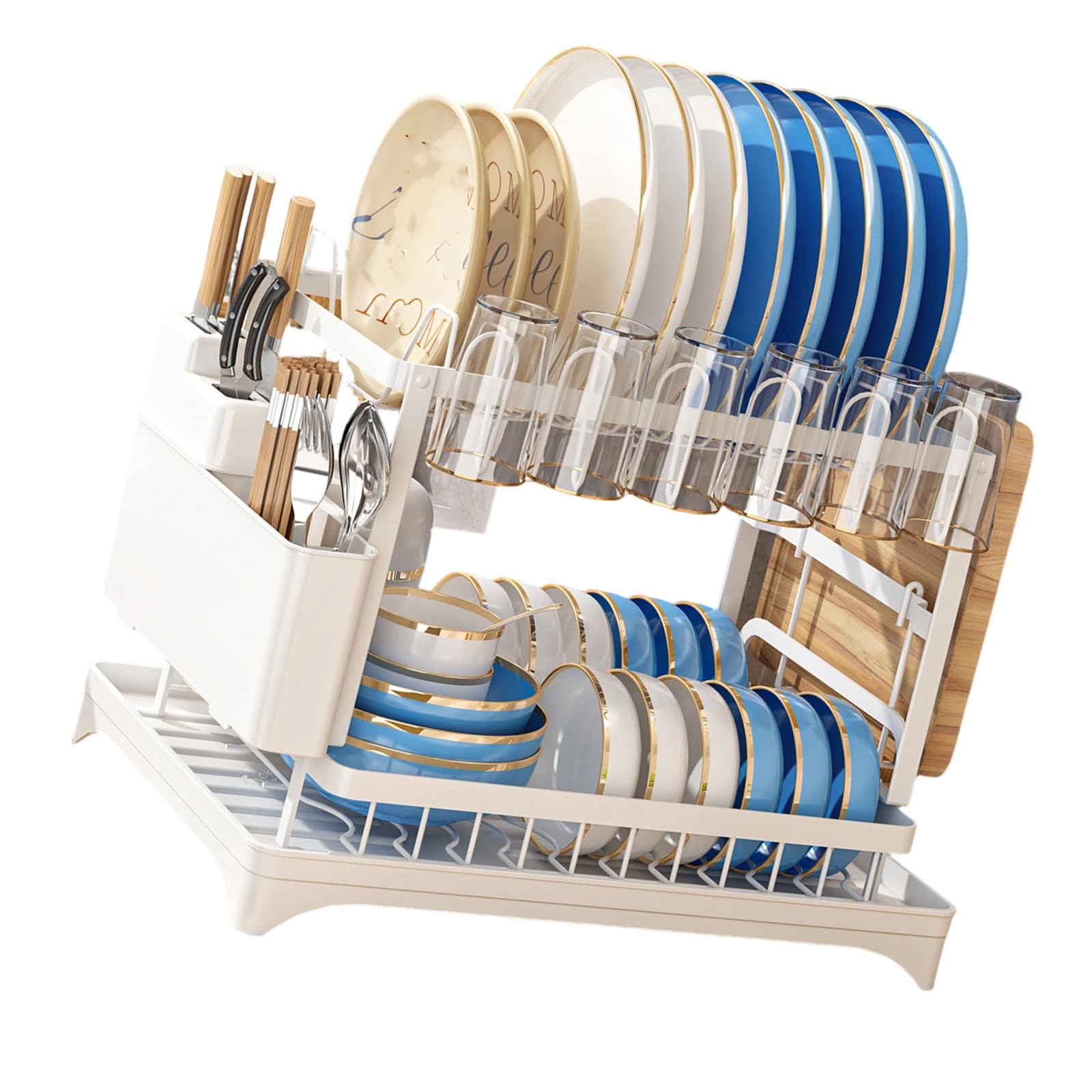 Kalttoy 2 Tiers Dishes Drainer with Utensils Holder and Cutting Board Shelf Rustproof Metal Dishrack for Small Spaces Kitchen Organizers with Cutter Holder
