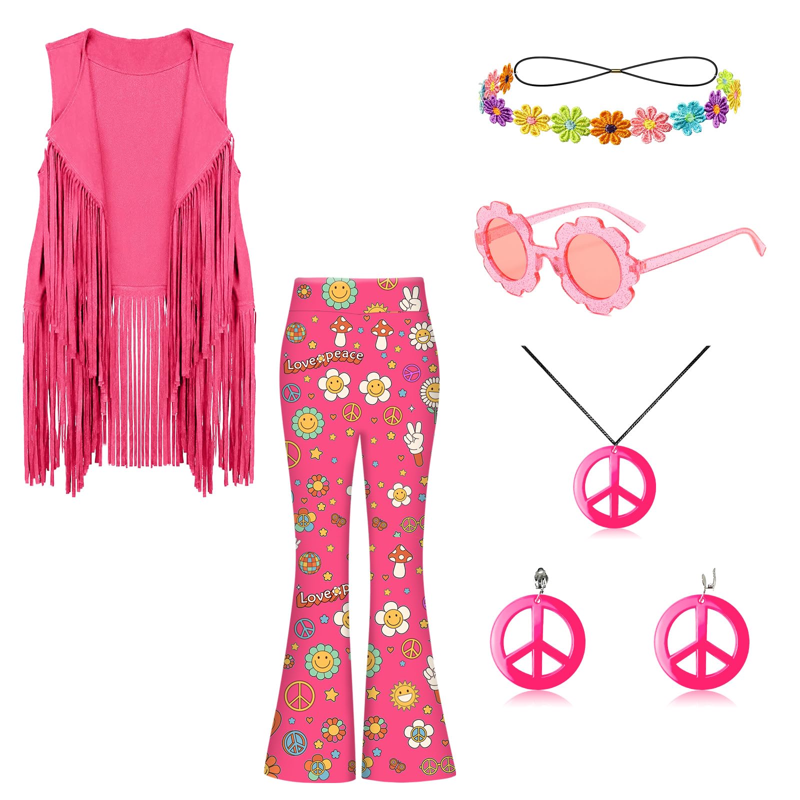 kooirsp 60s 70s Outfits for Kids Girls 7 Pcs Hippie Costume Set Fringe Vest Peace Flared Pants Accessories Set for Halloween