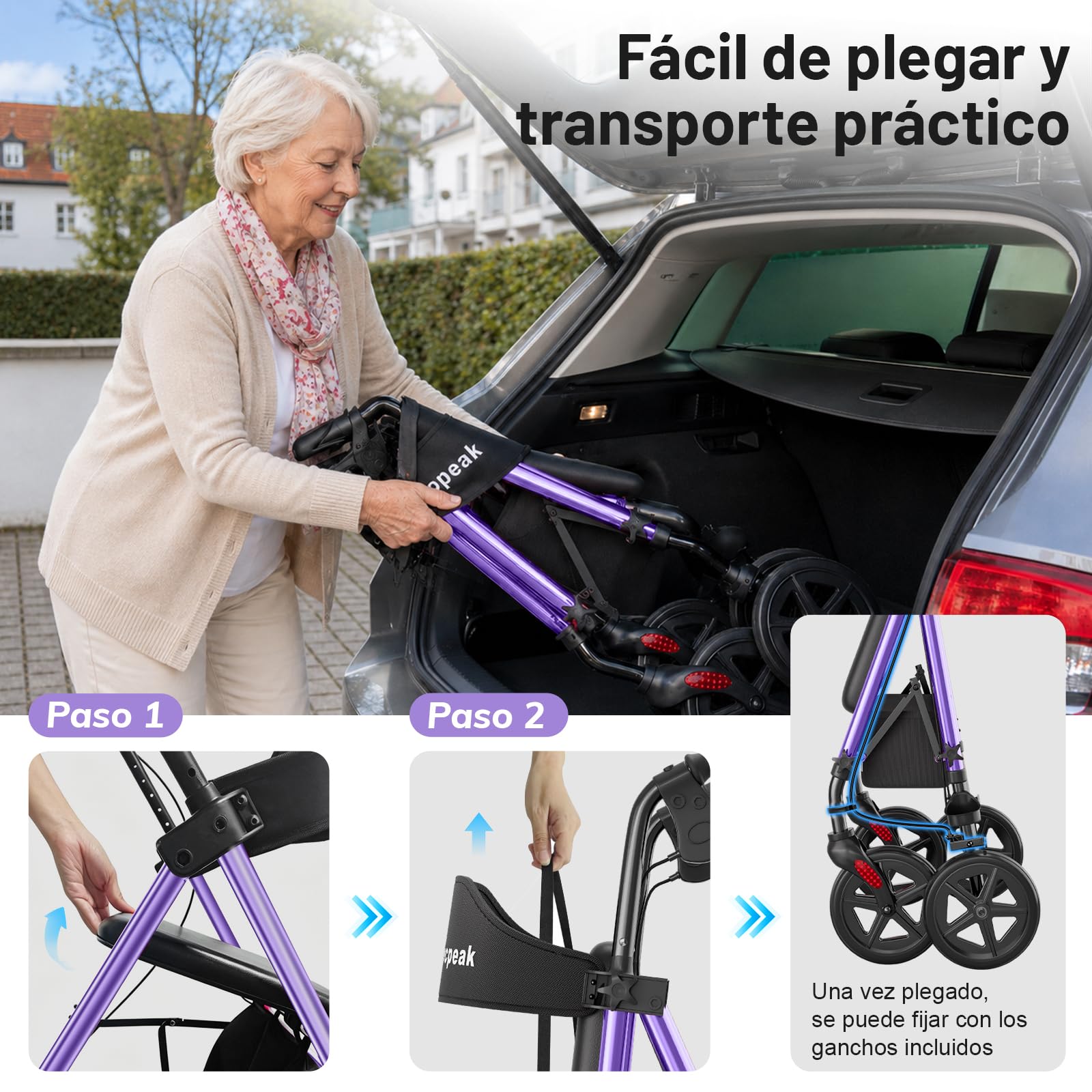 R4 Andador plegable para ancianos, andadores adultos, altura ajustable en 5 niveles en asiento y manillar, caminadores de 4 ruedas con freno, bolsa de almacenamiento, carga máxima 100KG (Morado)