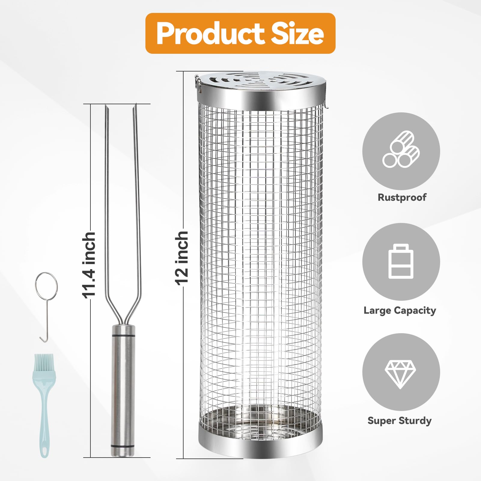 3pcs Rolling Grill Baskets,Grill Veggie Basket,BBQ Baskets for Grilling,Round Stainless Steel Grill Baskets for Outdoor Grill,camping basket for Meat, Vegetables, Chips, Fish,Shrimp, Multipurpose