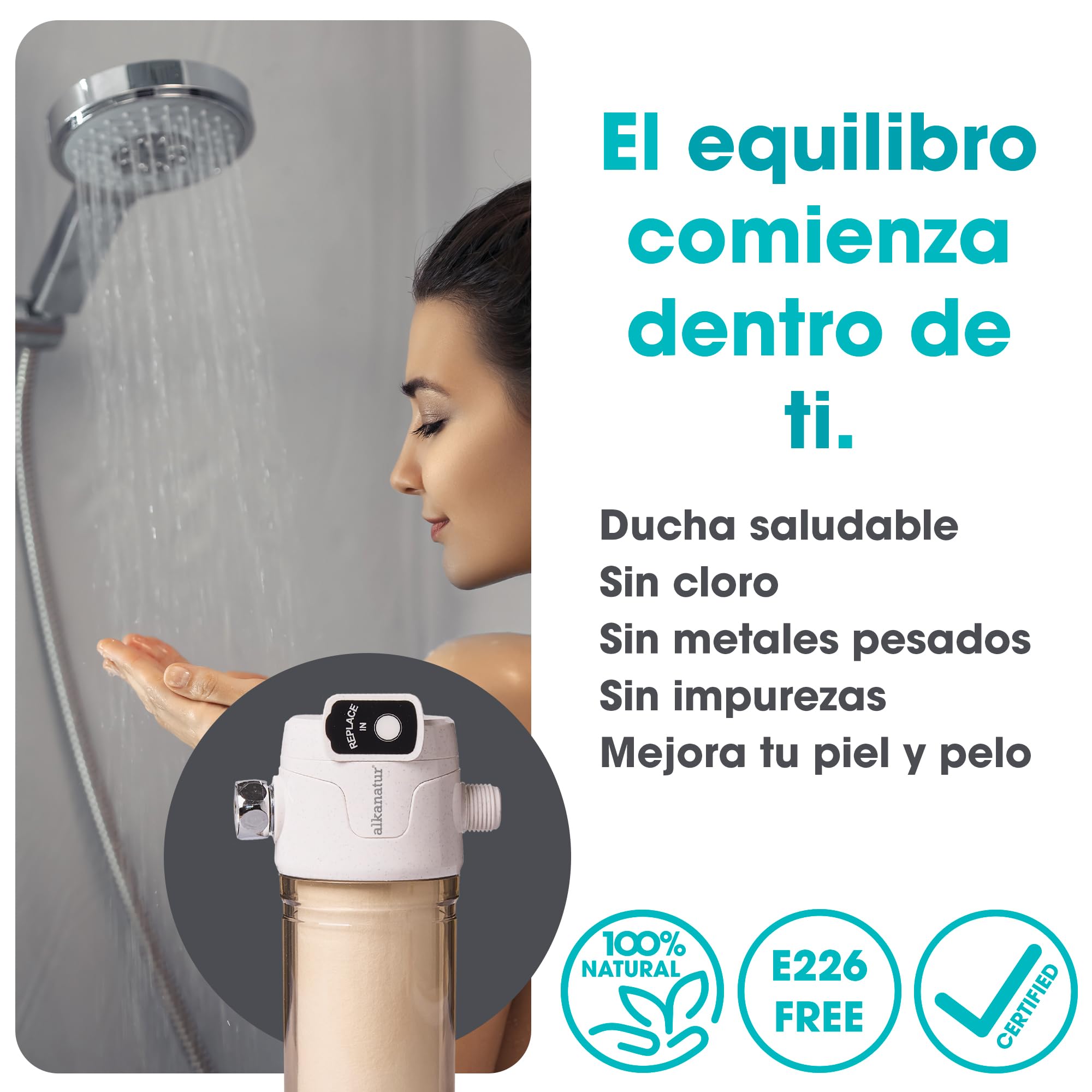 ALKANATUR Filtro Agua para Ducha y Baño 50.000 L Recambiable Sistema de Filtración Libre De Sulfito Cálcico E226