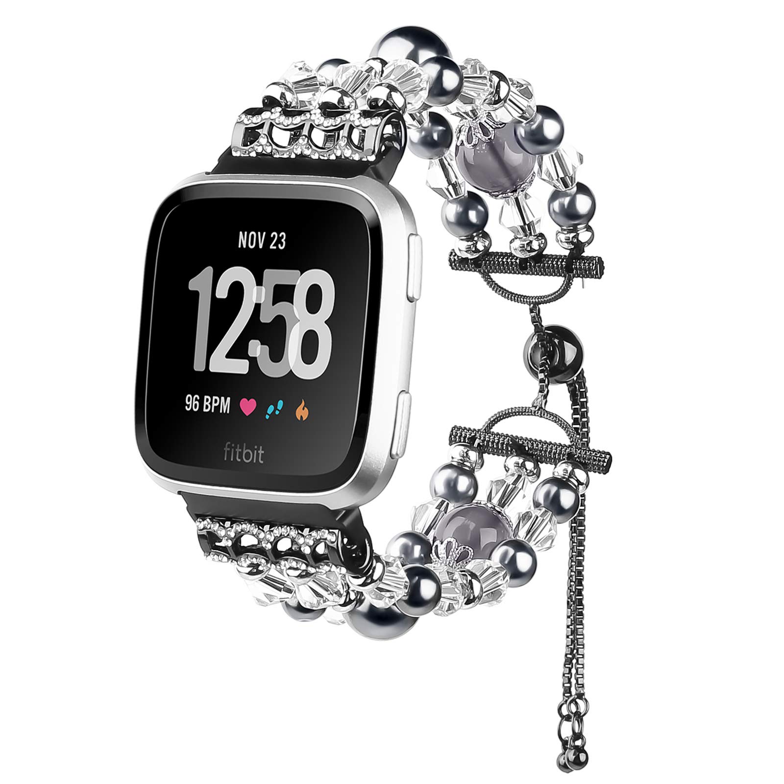 Compatible for Fitbit Versa Bands, Adjustable Elastic Pearl Jewels Replacement Wristbands Bracelet Stretch Strap with Strings of Beads Buckle Female Women Girl