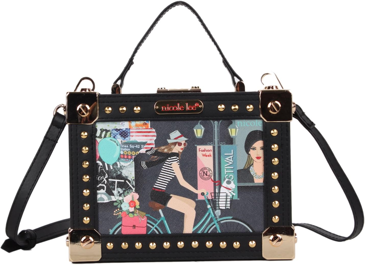 Nicole Lee Small Cosmetic Case With Stylish [Bike Tour] Print Top Handle And Shoulder Strap