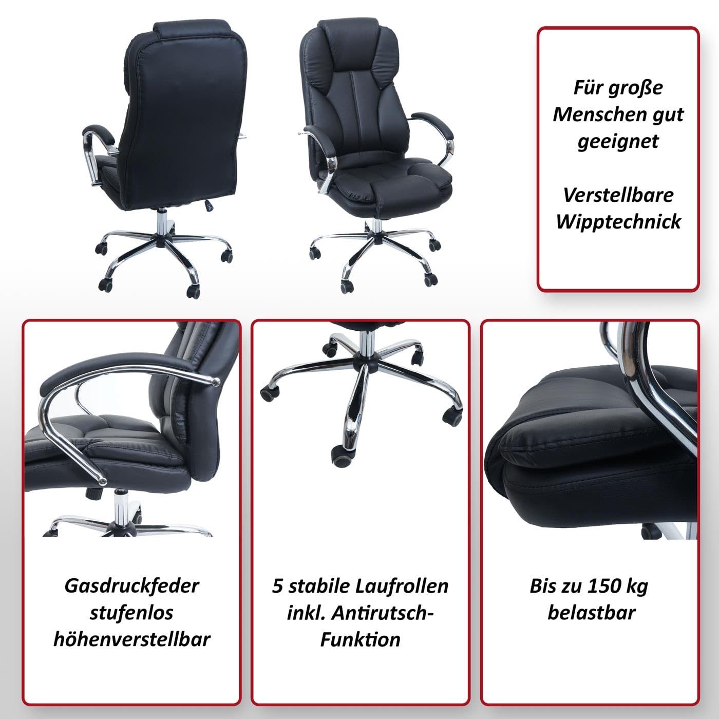 Mendler Profesjonalne krzesło biurowe Kansas XXL, fotel szefa, obrotowy, wersja amerykańska, obciążenie 150 kg, sztuczna skóra, kolor czarny