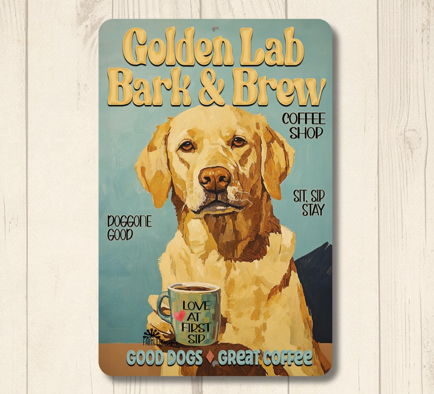 Golden Labrador Dog Coffee Bar Sign Bark & Brew kitchen lab funny metal tin gift home decor