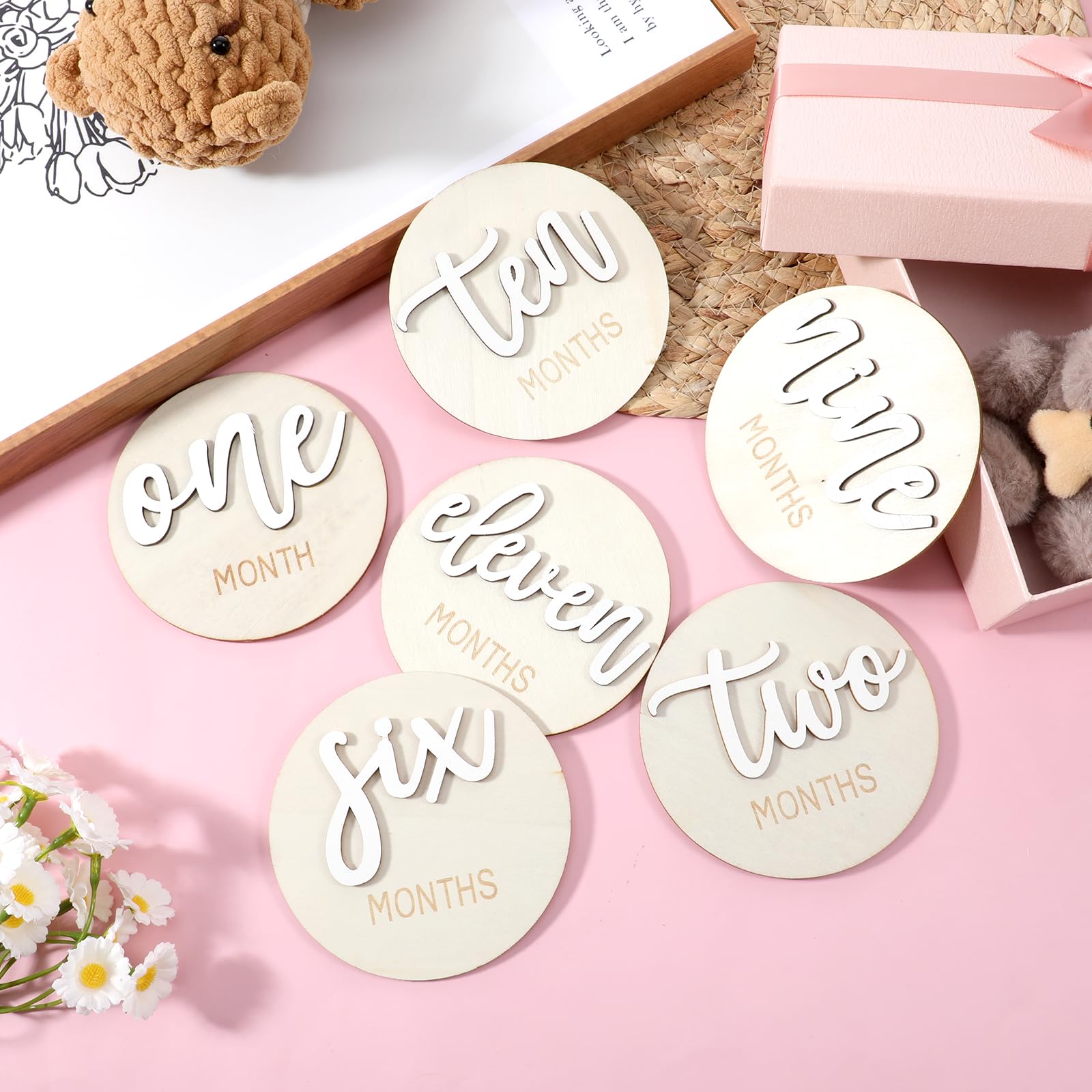 6 Pcs Baby Milestone Cards, Double Sided Wooden Monthly Milestone Signs 10CM 3D Newborn Age Announcement Sign from 1-12 Months (White) - Image 4