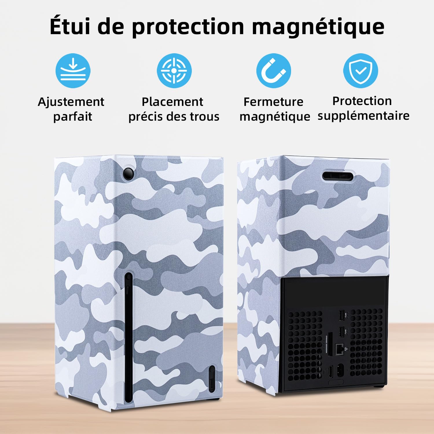 Mcbazel Magnétique Smart Wraps de Protection pour Console Xbox Series X, Accessoires en Cuir PU de Qualité Supérieure et Doublure Intérieure Douce - Camouflage Gris