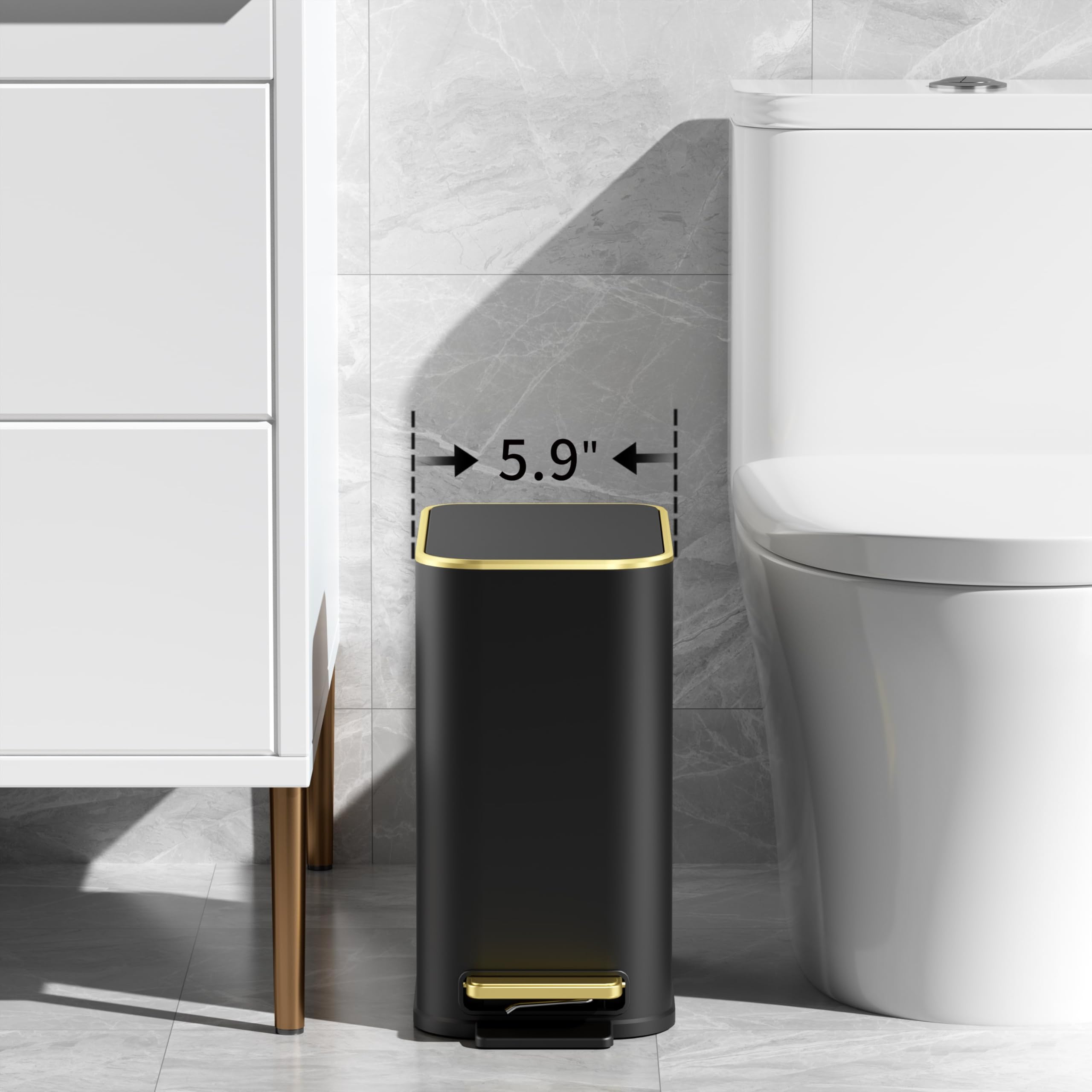 TIPGO Piccola pattumiera da bagno con coperchio a chiusura rallentata, pedale, 5 litri, in acciaio inox, bidoni della spazzatura sottili per WC, ufficio, camera da letto (nero)