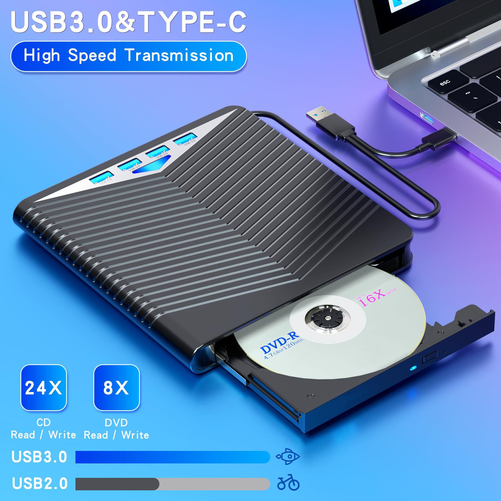 Lettore CD/DVD Esterno USB 3.0 E Tipo C - Portatile, Compatibile Con PC, Mac, Windows, Alta Velocit&agrave;