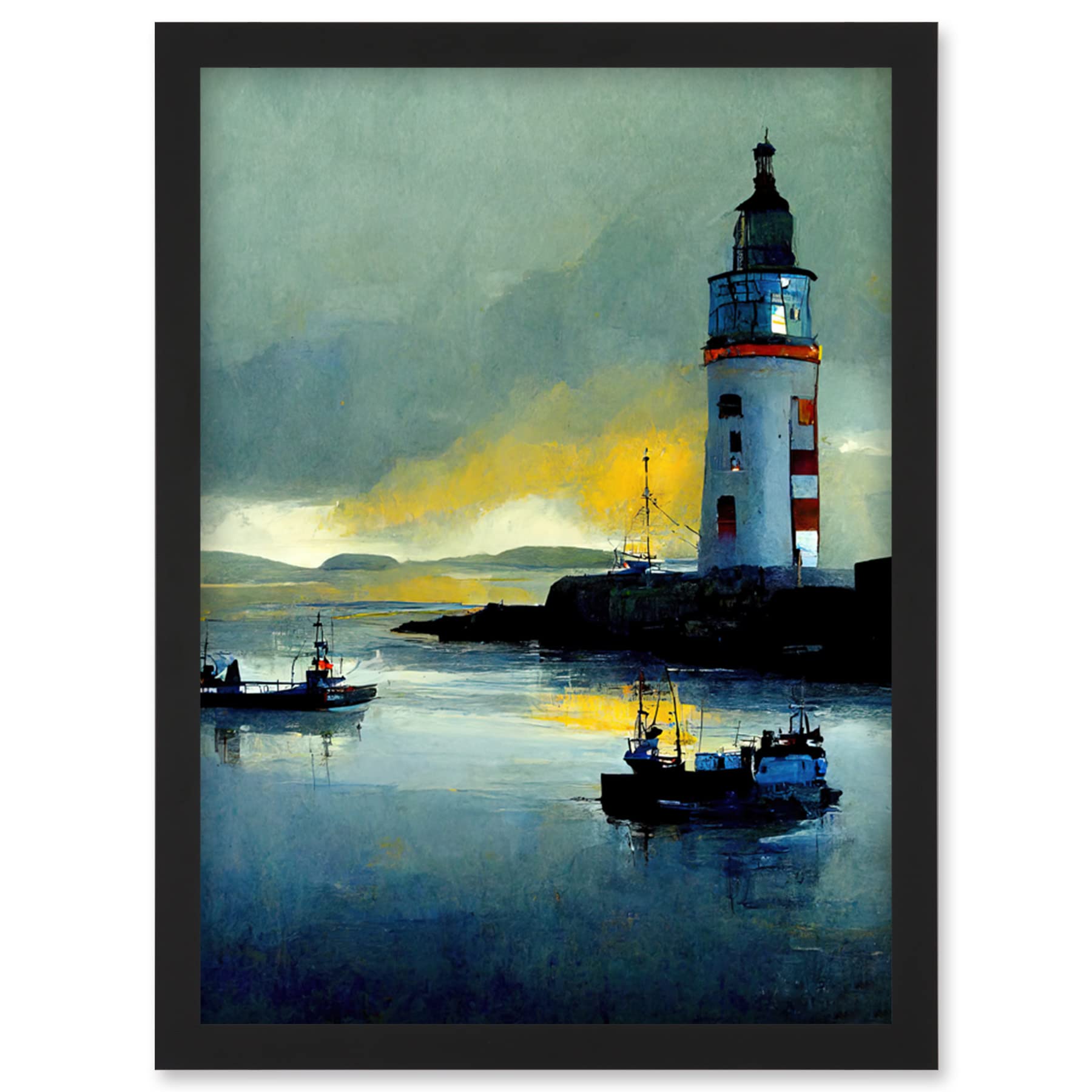 Doppelganger33 LTD Scottish Harbour Fishing Boats Lighthouse Modern Artwork Framed Wall Art Print A4