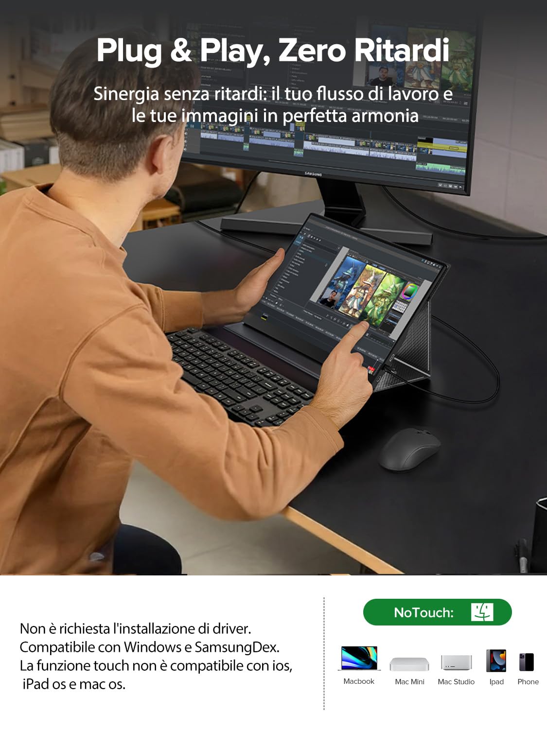 UPERFECT Monitor Portatile Touchscreen 15.6" 125% sRGB FHD HDR Opaco 2000:1 Contrast, Custodia Multifunzionale in Pelle, Compatibile con VESA, Doppia porta USB-C per Laptop/Telefono/Console di Gioco