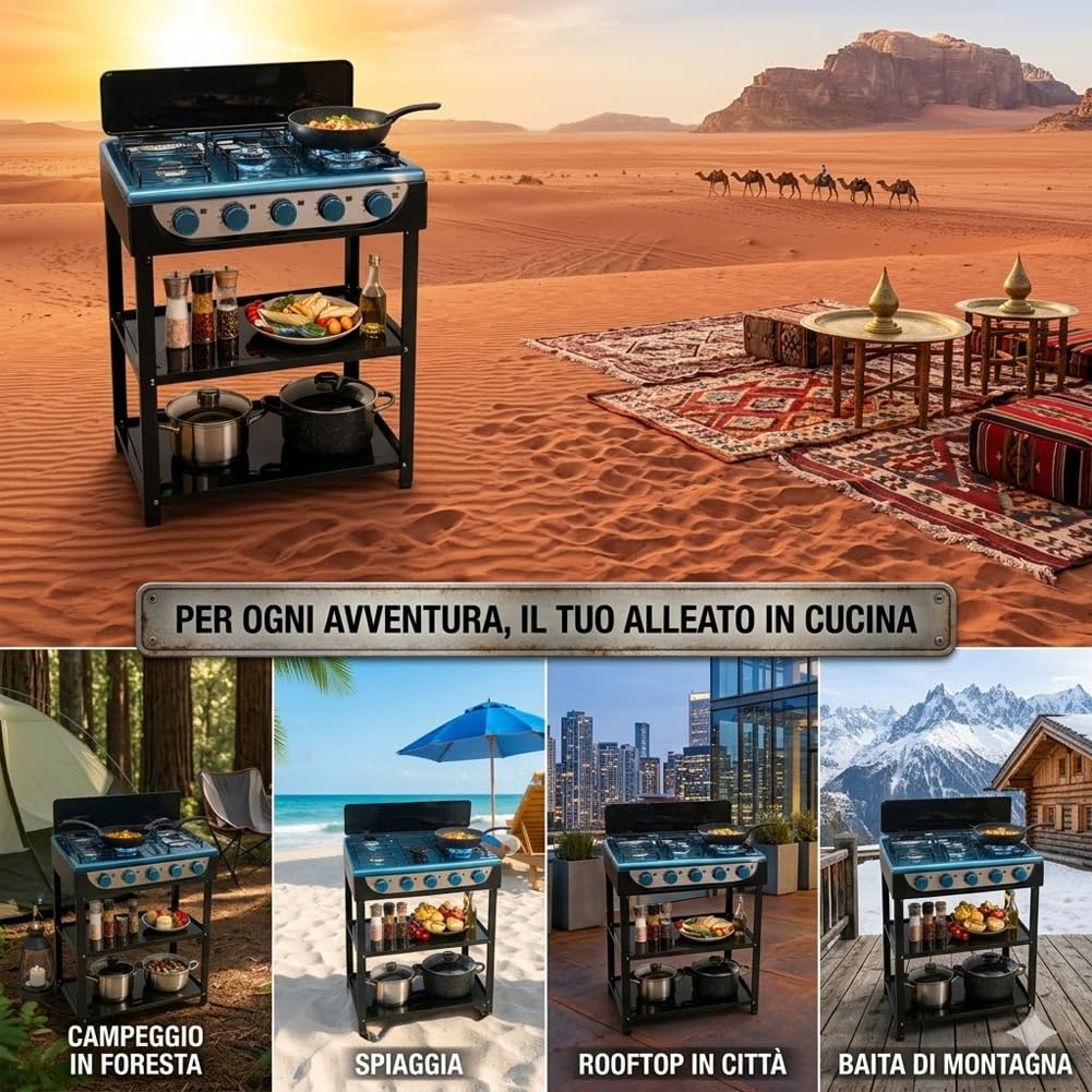BAKAJI Cucina a Gas GPL con 5 Fuochi da Esterno e 2 Ripiani, Cucinotto Portatile in Acciaio con Paravento 5 Bruciatori, Piedini Stabili Antiscivolo, Ideale per Giardino, Patio, Balcone, Campeggio