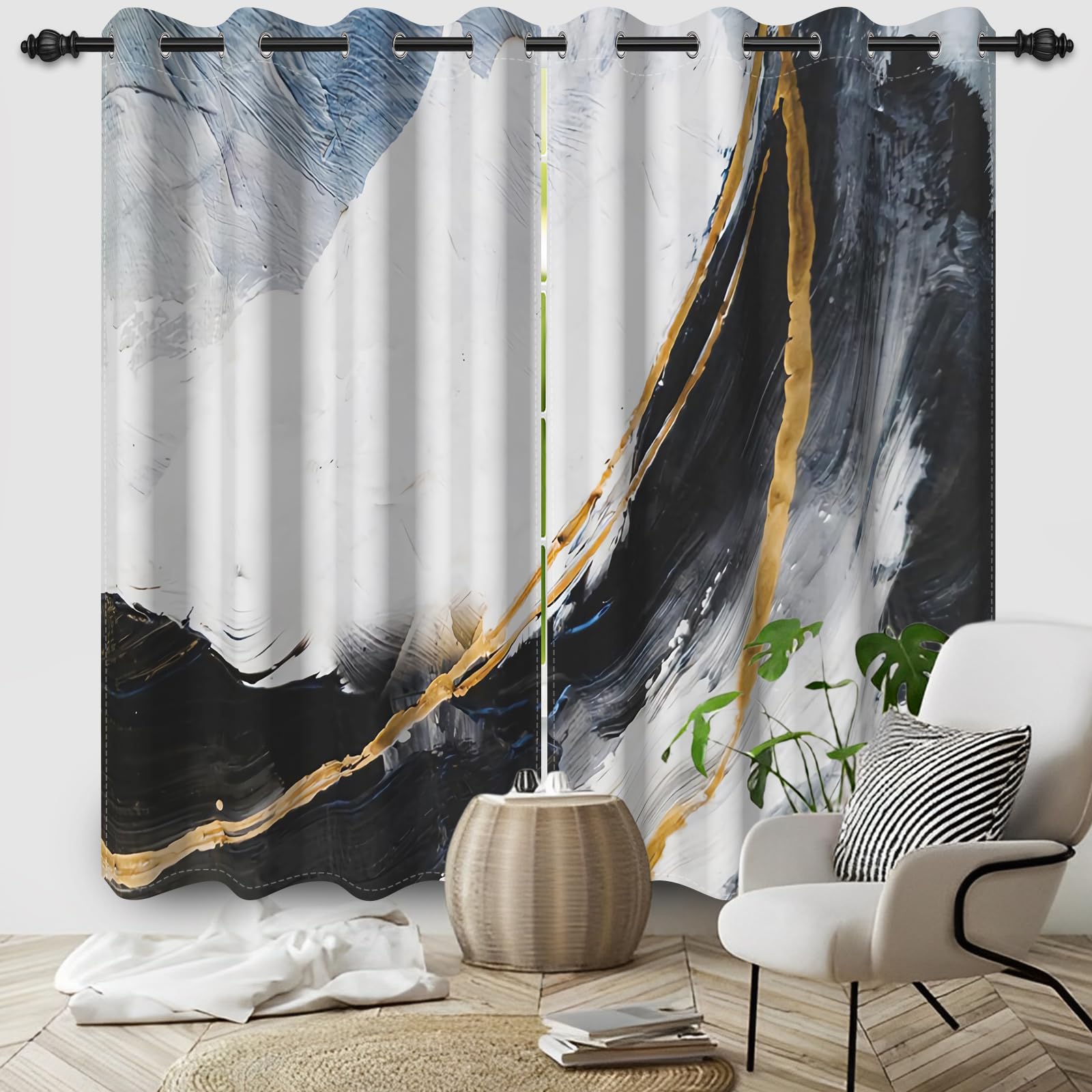 DORCEV Abstract Oil Painting Black Marble Blackout Window Curtains Oriental Ink Painting Black Gold Marble Texture Window Treatment Sets Gold Lines