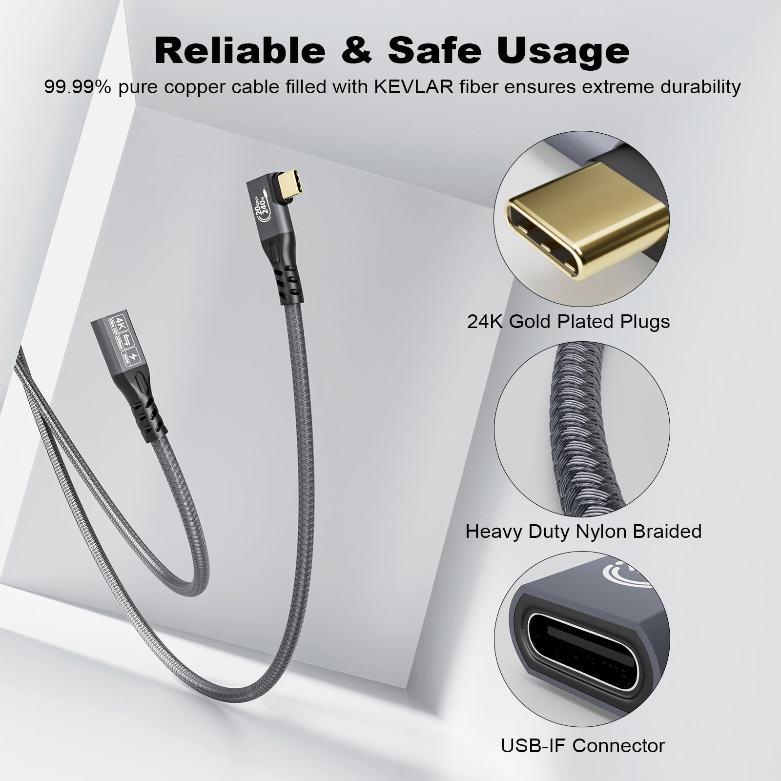 YIWENTEC Cavo USB C 3.2 Gen2 X 2 maschio femmina angolo tipo C Charging Cable, 20 Gbps Data Transfer, 240 W 48 V/5 A Fast Charging Cable, 4K @ 60Hz Video Transfer (0.5M)