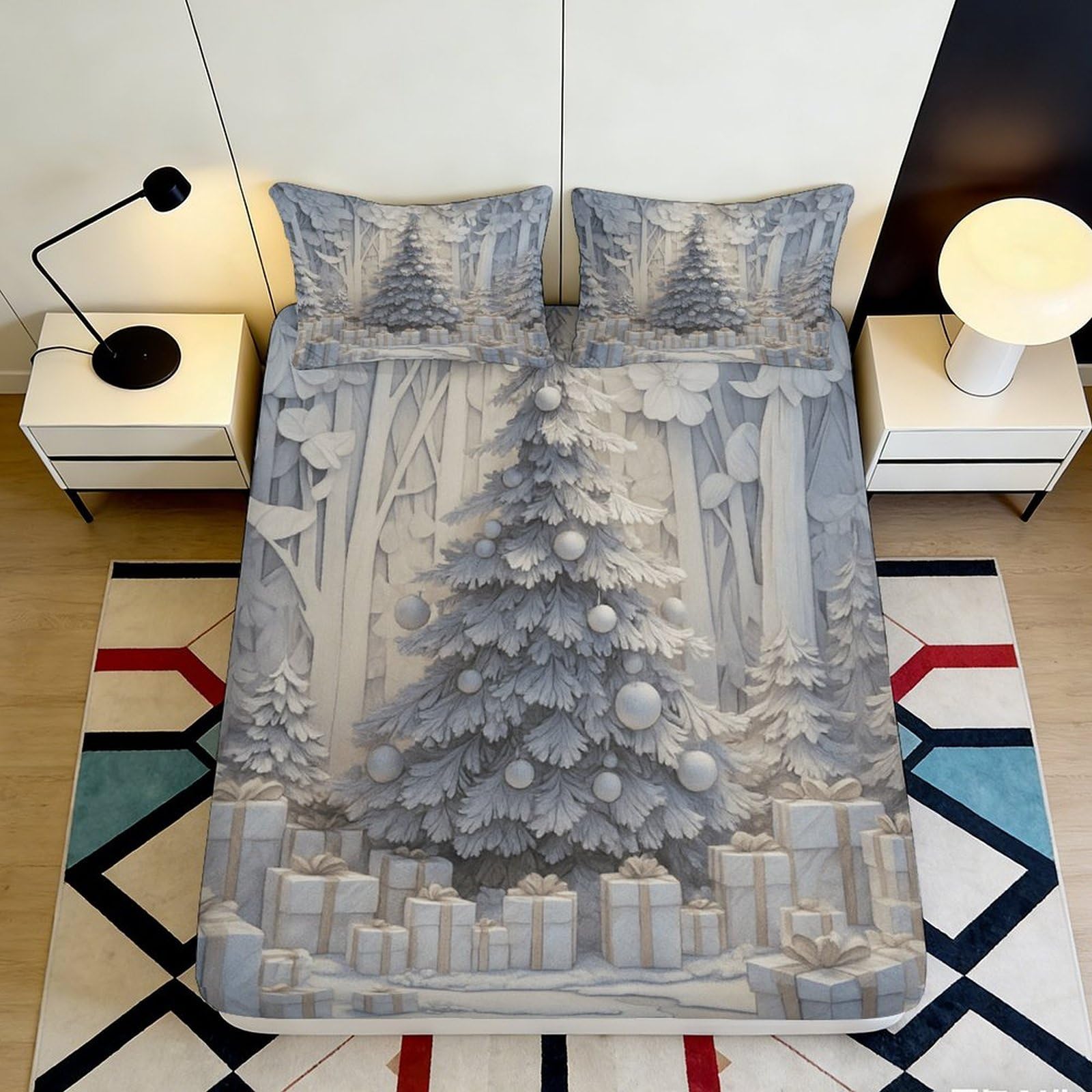 3D Printed Winter Forest Christmas Tree Fitted Sheet Microfiber Bed Cover for Bedroom Guest Room Decor Dustproof 90x200x25cm