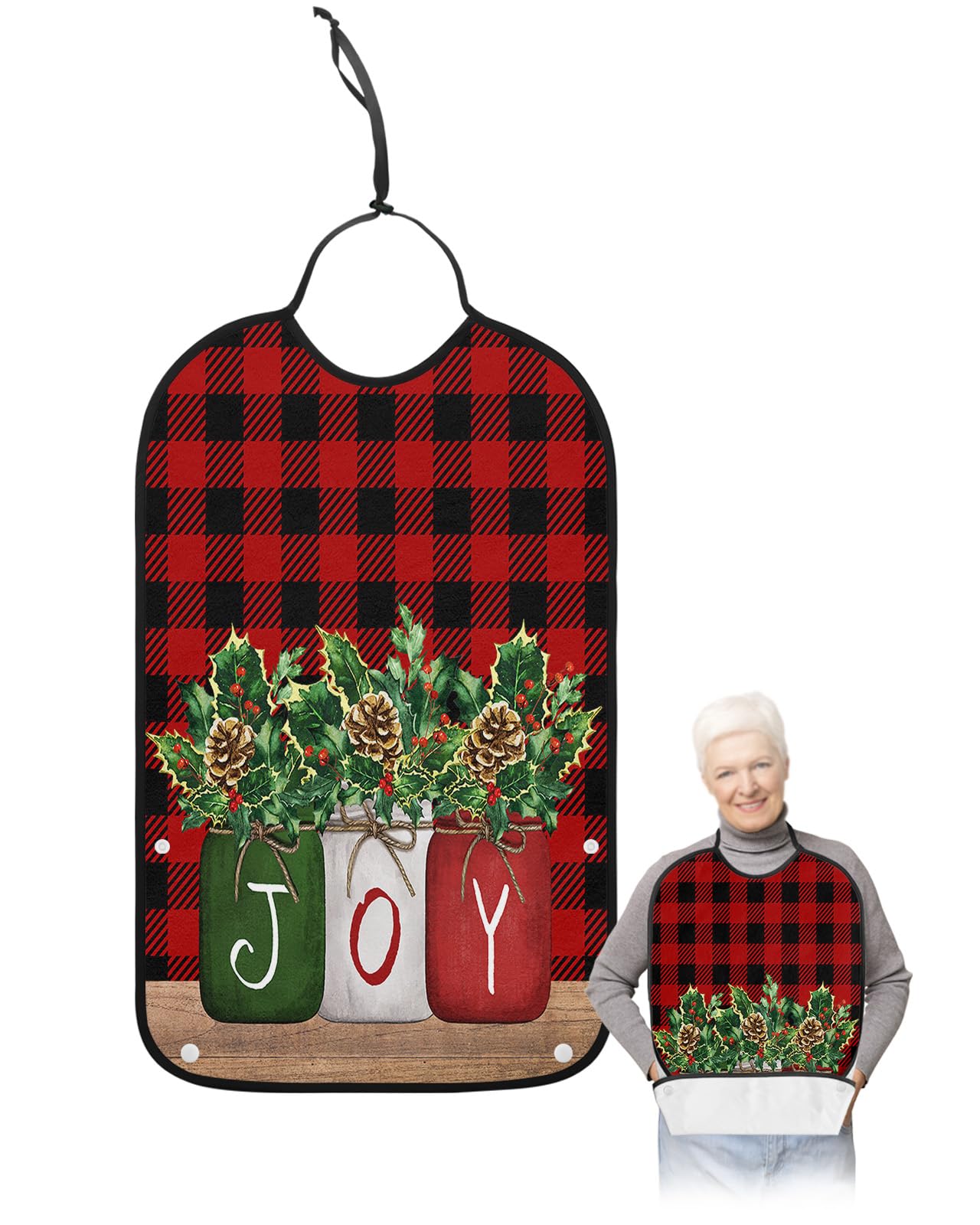 Christmas Plaid Adult Bib for Eating with Crumb Catcher, Winter Buffalo Lattice Berry Washable & Waterproof Terry Cloth Adjustable Elderly Women Men Adult Bibs Funny Apron Reusable Clothing Protector