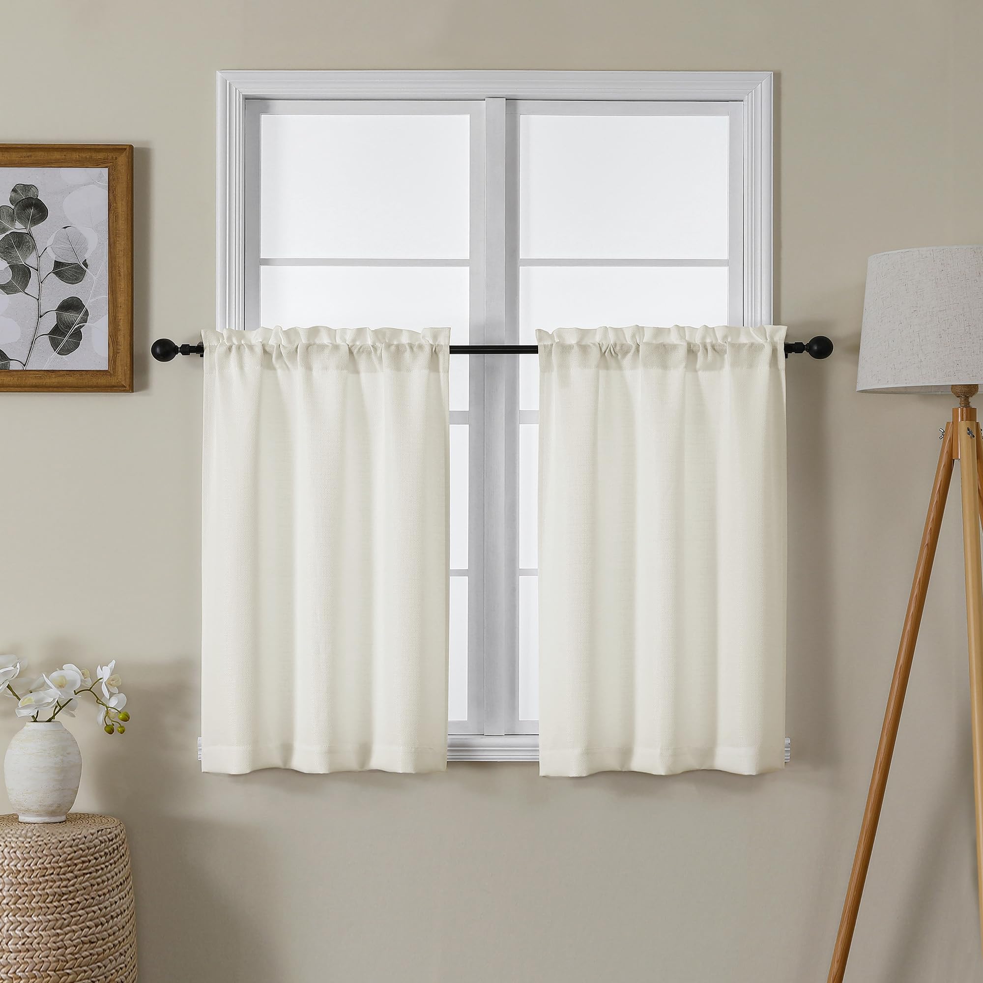 Lecloud Bessie Ivory Kitchen Curtains 30 Inch Length 2 Panels, Faux Linen Semi-Sheer Curtain Tiers, Window Treatments for Bedroom Bathroom, Rod Pocket