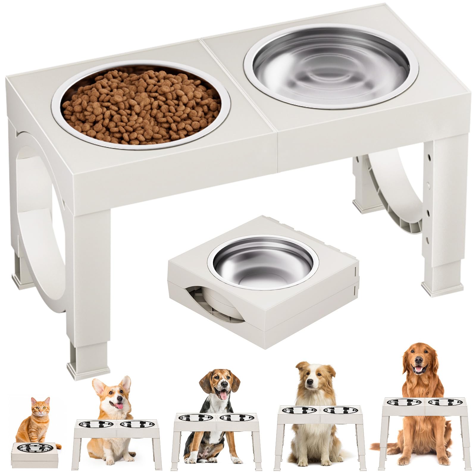 Elevated Dog Bowls Large Breed XiaZ Raised Dogs Bowl Stand Large/Medium Sized Dog 1L Food Water Bowl Stands 5 Heights Adjustable 9/11/12/14in White Pet Feeder Dish Station