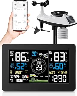 WiFi Weather Station Wireless Indoor Outdoor, Thermometer with Rain Gauge and Wind Speed/Direction, Large Display for Weather Forecast, Temperature, Humidity, Clock, Alarm, UV, Air Pressure