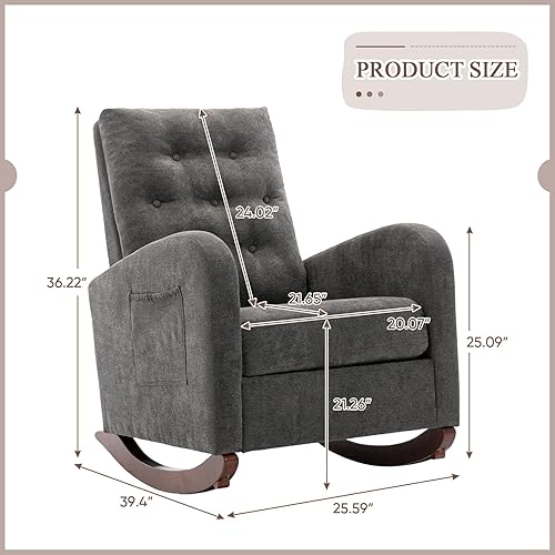 Miniatura 2 de Mecedora moderna para guardería, silla mecedora tapizada con respaldo alto copetudo, cómodo sillón decorativo con cojín grueso y bolsillo grande