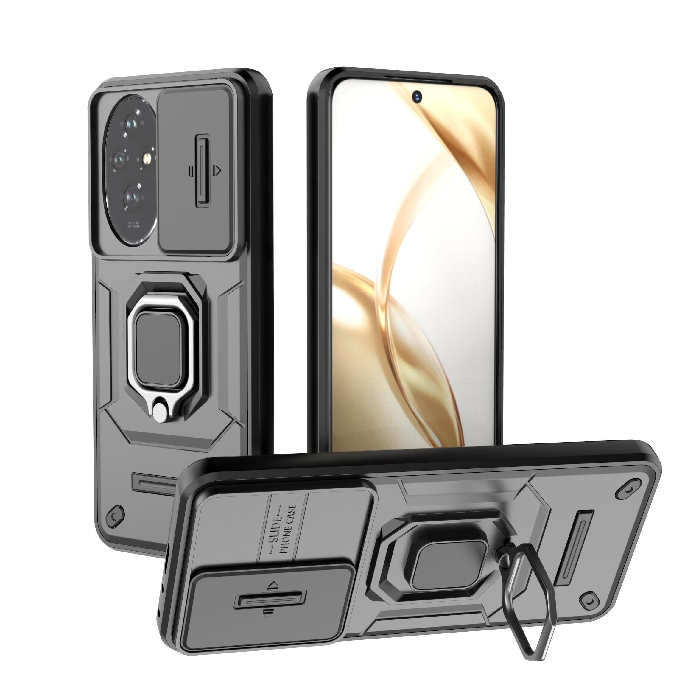 SORAKA Case for Honor 200 with Ring Holder and Slide Camera Cover Honor 200 Case with Metal Plate for Magnetic Car Mount Double-Layer Protective case in Hard PC and Soft TPU Black