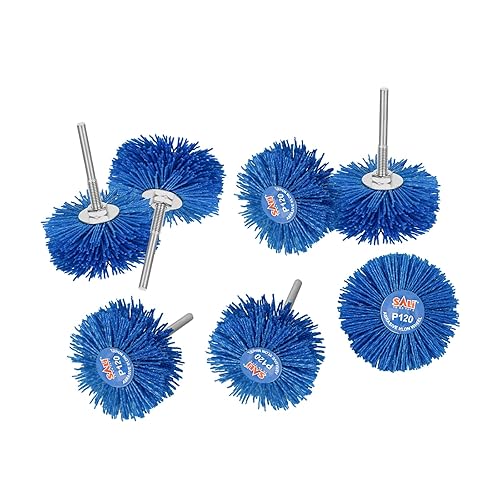 SALI Paquete de 7 cepillos de rueda de nailon abrasivo de grano 120 con vástago de 14 pulgadas, perfecto para eliminar óxido, corrosión, pintura,