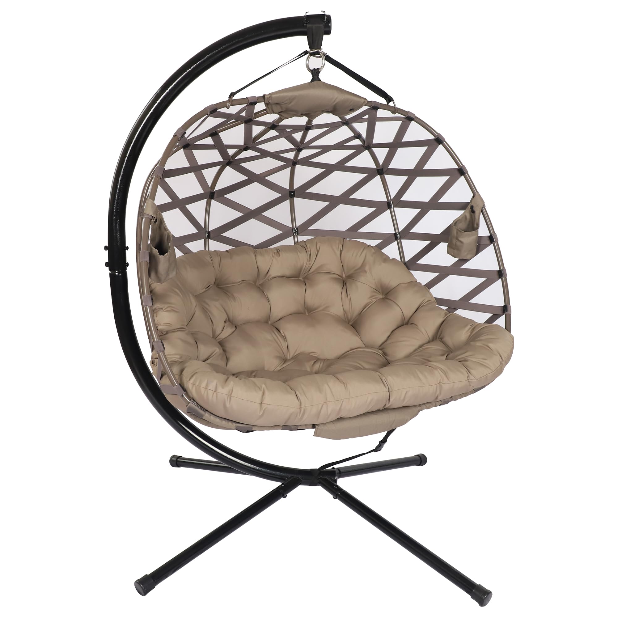 olofable Double Hanging egg Chair with Stand - 2 Person W/Plush Cushions, Weather-Resistant Fabric, Indoor Outdoor Foldable Swing Chair for Patio, Balcony, Yard & Living Room (Cross Weave Sand)
