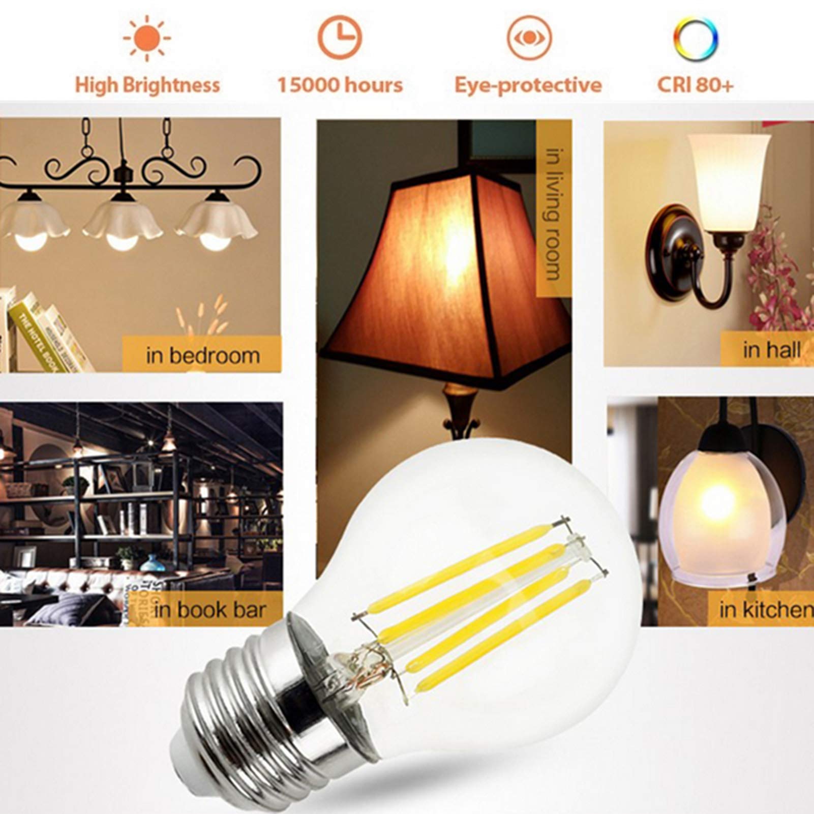 Lampadine a candelabro LED E27 6w G45 Lampadine a filamento LED decorative 360 gradi; Confezione 6 lampadine a risparmio energetico con angolo fascio