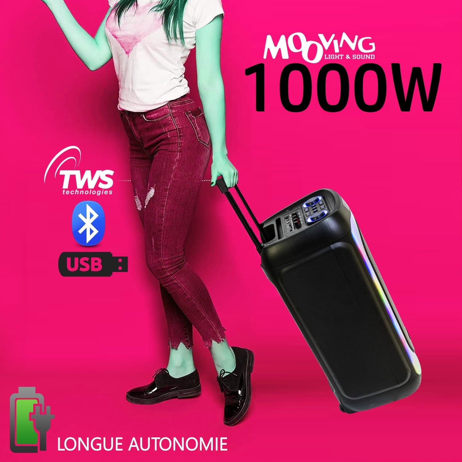 MOOVING LIGHT & SOUND - Pack Karaoke Enceinte 1000W USB Bluetooth sur Batterie Mooving MAGIC-SOUND1000-4 micros sans Fil - Support Tablette SMM20 - Soirée