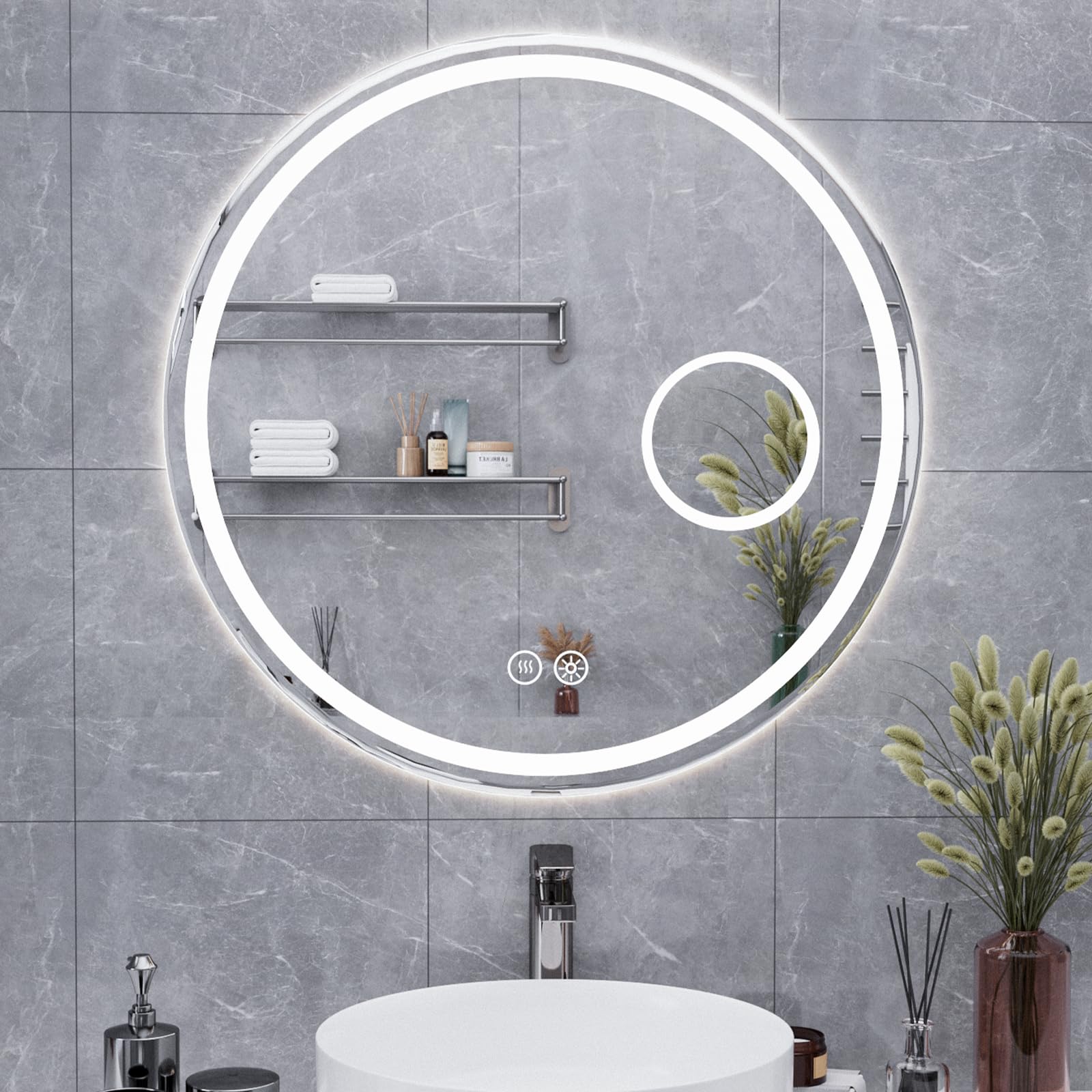 NeoArt Bathroom Mirror with Led Lights, 5mm High-Definition Silver Mirror, 3 Lighting Color Temperatures and Dimmable Brightness Wall-Mounted LED Bathroom Mirror with Touch Switch, Anti-Fog, Round