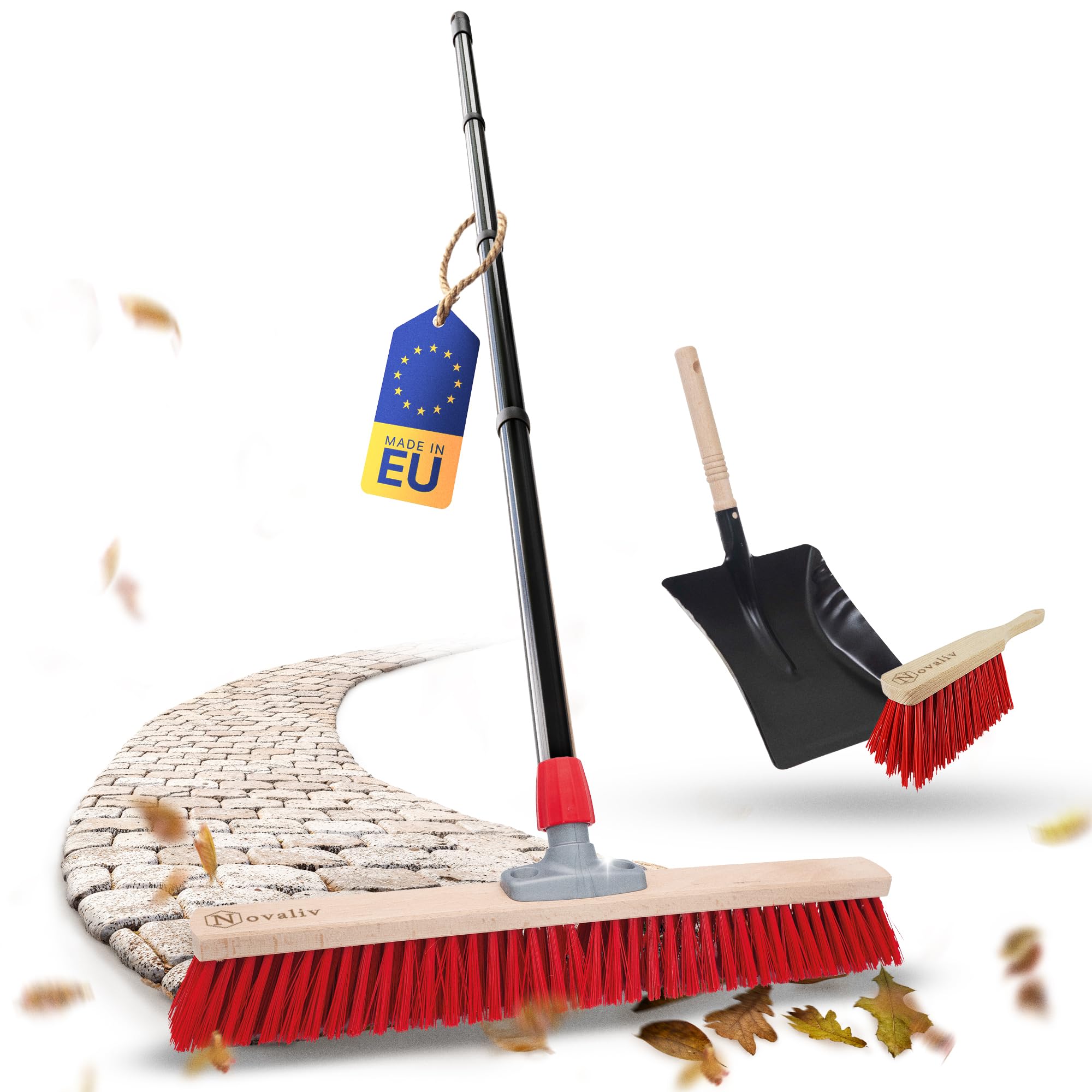 Novaliv Scopa da strada con manico, 80 cm, setole in elaston, con scopa zincata, con labbro in gomma, composta da paletta e scopa a mano, ideale per giardino, terrazze, scopa da cortile, scopa per