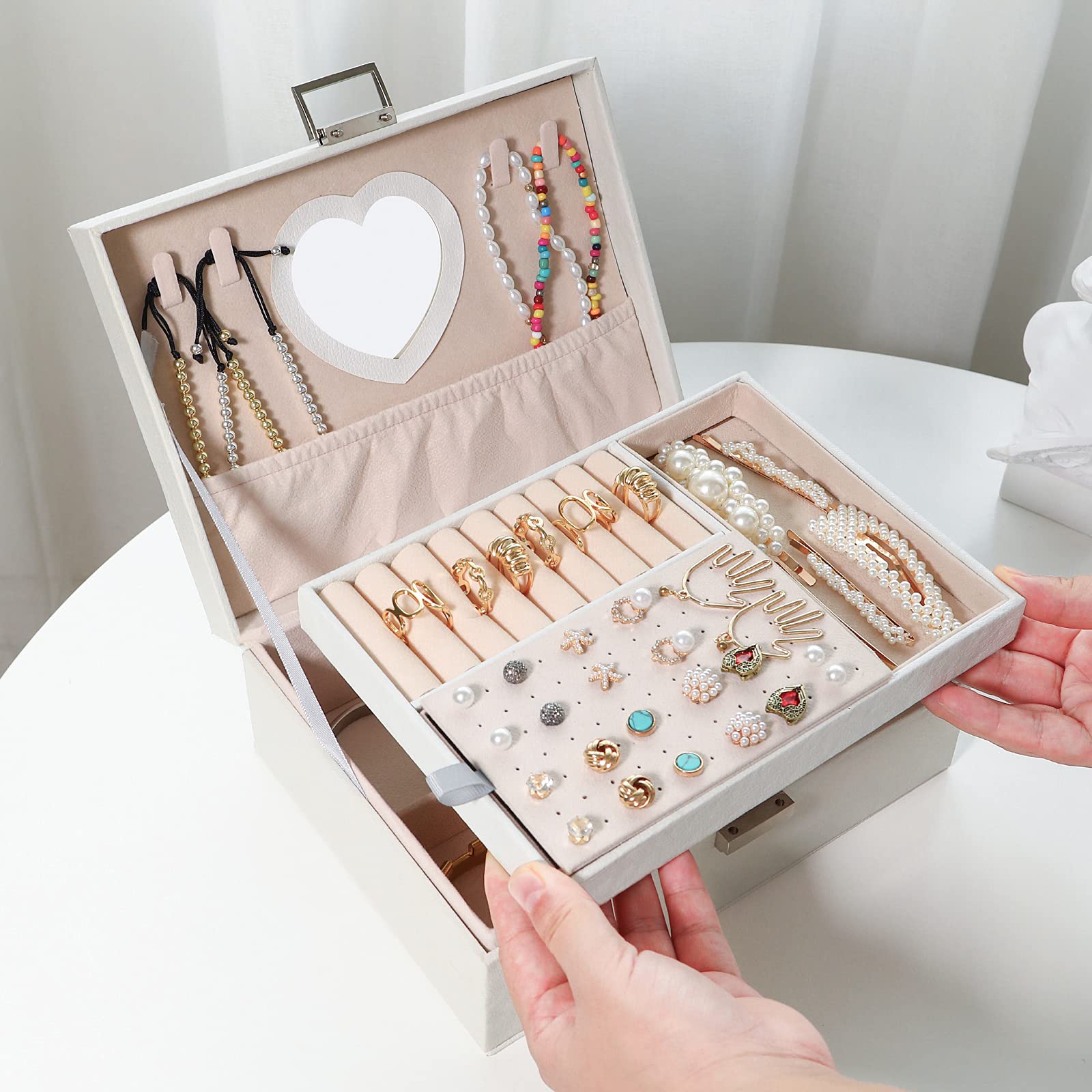 Schmuckkästchen für Mädchen, zweilagig, PU-Leder, Schmuck-Organizer-Box, mit Schloss und Herz-Spiegel
