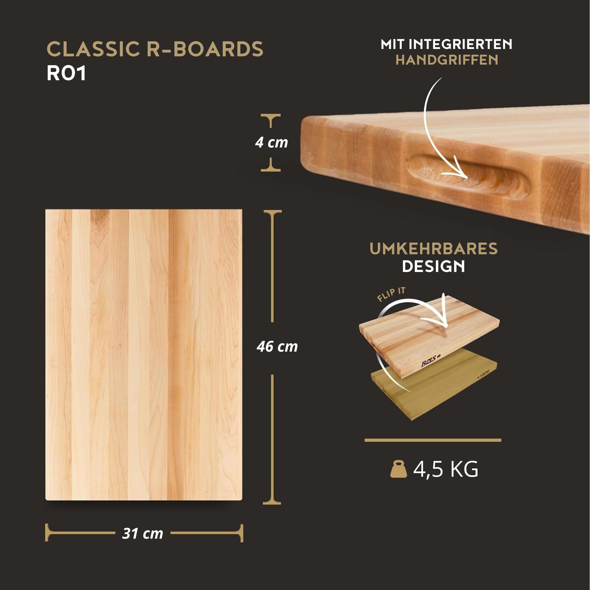 Boos Block Profi-Schneidebrett XXL – 46 x 31 x 4 cm – Nordamerikanisches Ahornholz – Lebensmittelecht – Mit Griff – Hackblock & Servierbrett, Ahorn | Nordamerikanisches Ahorn Schneidebrett Holz Gross - Schneidebrett Dick - Hackbrett - Hackblock - Lebensmi