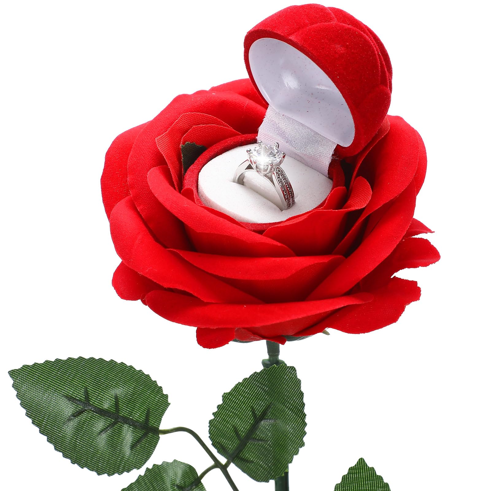 CroBlissful Noble Red Rose Ring Box Jewelry Box Case Engagement Ring Box with Stem for Proposal(Classic Style)