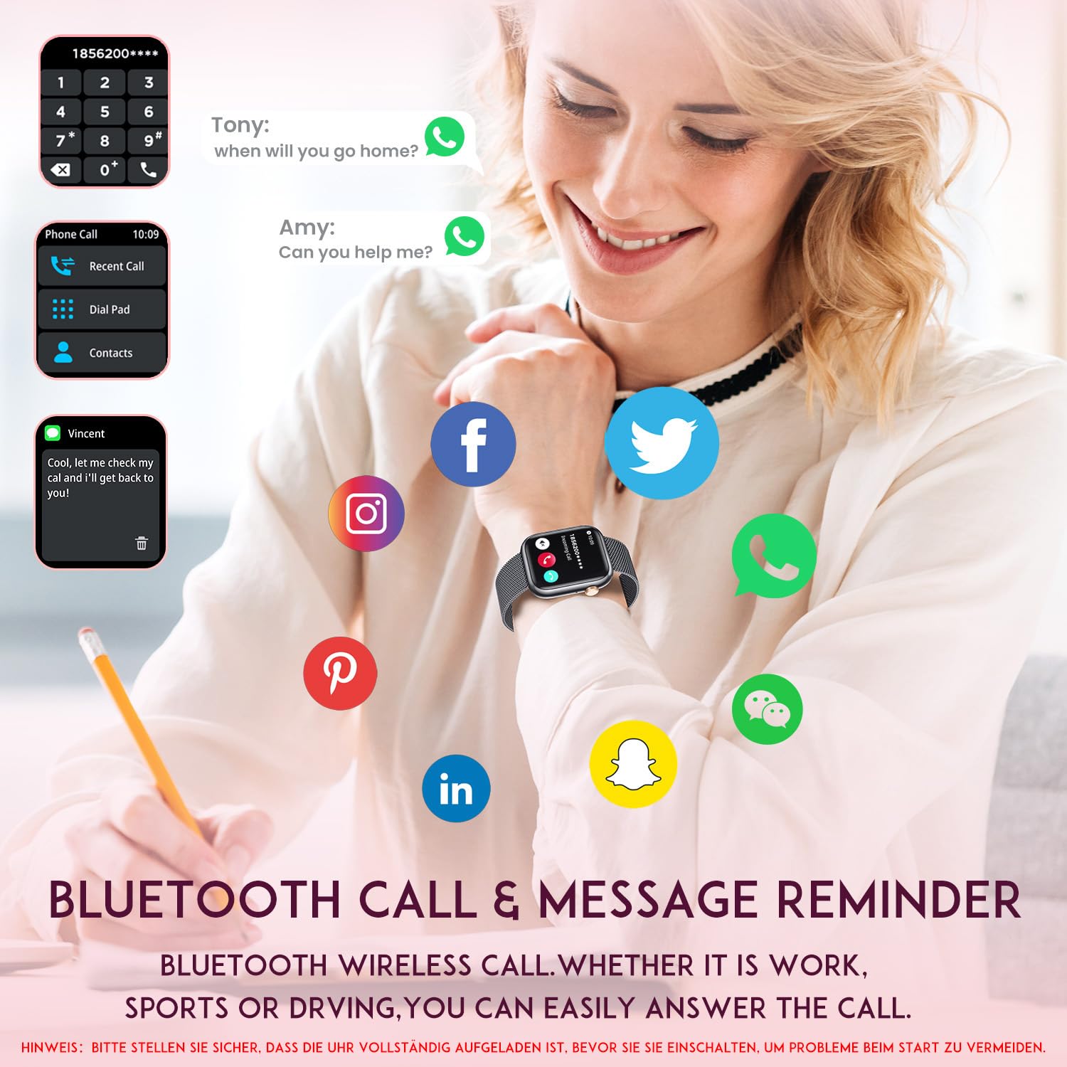 Smartwatch Donna con Effettua orologio Chiamate: 1.83"Smart watch con Bluetooth5.2 Contapassi Sonno 123+ Modalità Sportivo Fitness Tracker IP68 impermeabile WhatsApp Notifice Compatibile Android iOS