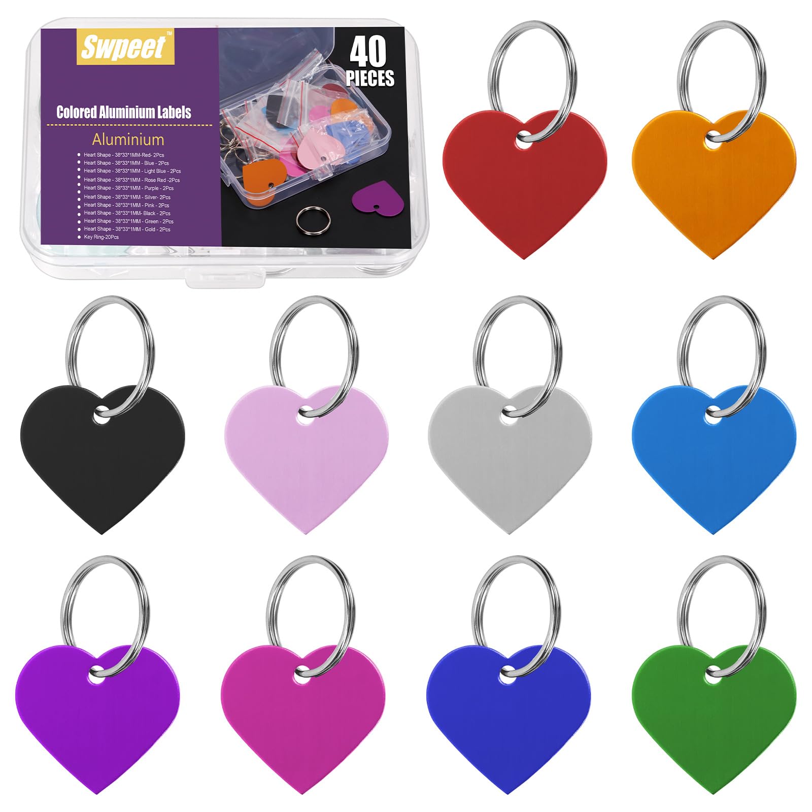Swpeet 40Pcs 10 Colors 1.49" x 1.3" Heart Shape Aluminum Blank Tags with Key Ring Assortment Kit, Engraving Stamping Blank Tags Pet ID Tag for Pendant Decoration, DIY Keychains and Pets Tag Project