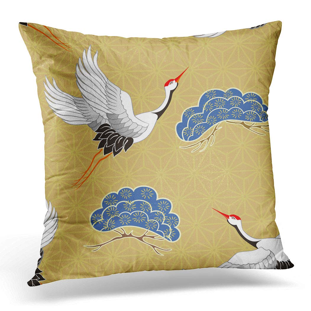 Awowee Color 6 Cushion Cover 45X45cm/18X18inches Blue Flying Birds Crane Heron Japanese Pattern Oriental Motifs Home Decor Throw Pillow Cover Square Pillowcase For Bed Sofa