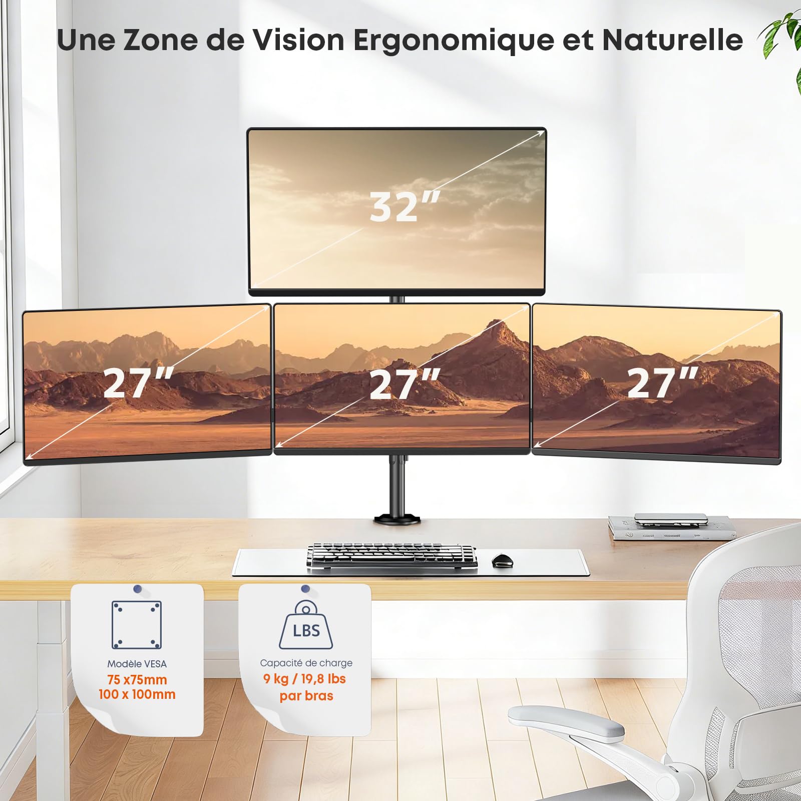 Support pour 4 Moniteurs 17"-27", Support de Bureau Réglable pour Écrans LCD LED, Montage Vertical, Poids Max 10 kg par Bras, VESA 75/100, Noir