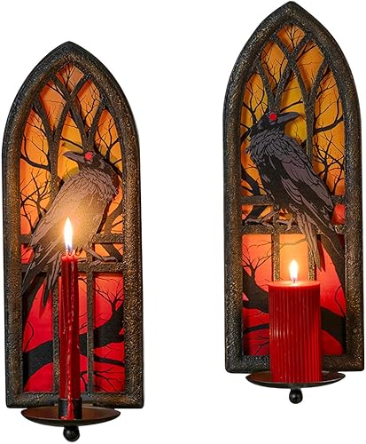 Juego de 2 candelabros góticos de pared, diseño de cuervo de hierro forjado con bandejas extraíbles para velas cónicas y pilares, diseño medieval de