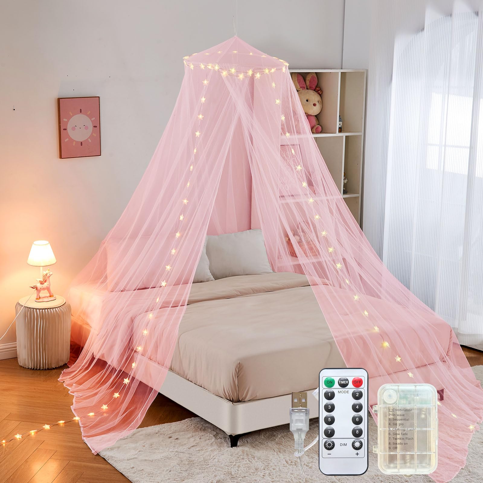 Pink Bed Canopy for Girls,Canopy Bed Curtains with Star Lights,Battery/USB Operated Bed Canopy,Princess Canopy for Baby Cribs, Kid Beds, Girls Beds Or Full Size Beds