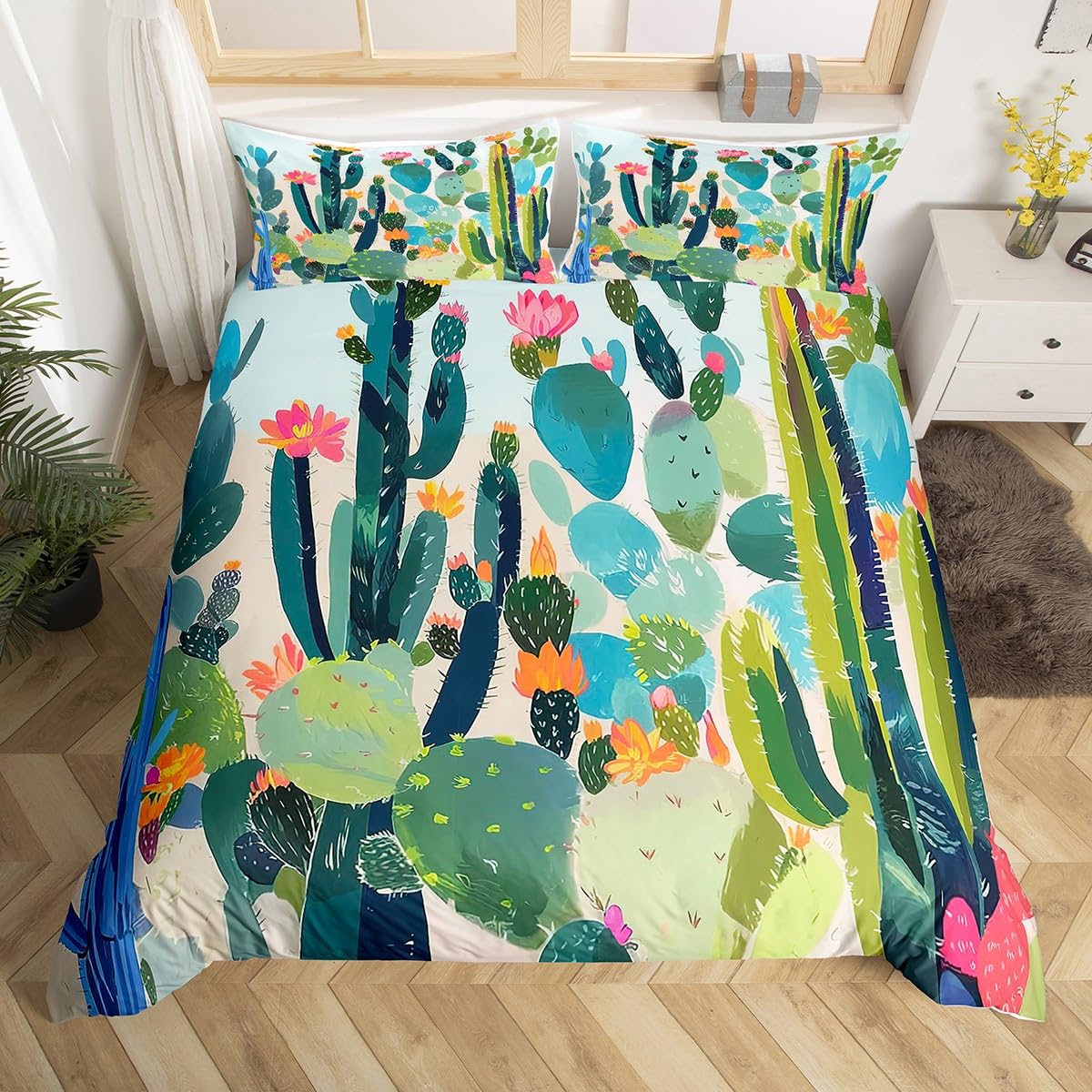 HomewishCactus Tropical Bedding Set Super King,Green Succulent Plant Duvet Cover for Kids Boys Girls,Hawaiian Nature Desert Flower Bedspread Cover,Botanical Floral Comforter Cover,Green Red